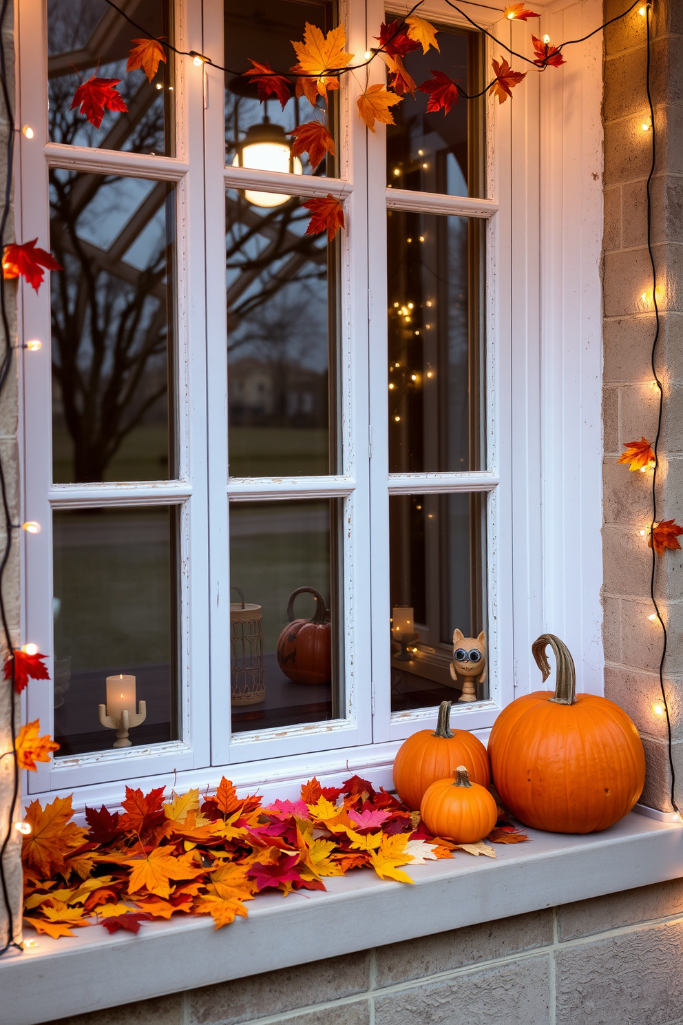 A cozy window setting decorated for Halloween. Colorful autumn leaves are scattered across the sill, creating a warm and inviting atmosphere. Festive pumpkins of various sizes are placed beside the window, adding a playful touch. Soft, twinkling fairy lights frame the window, enhancing the seasonal charm.