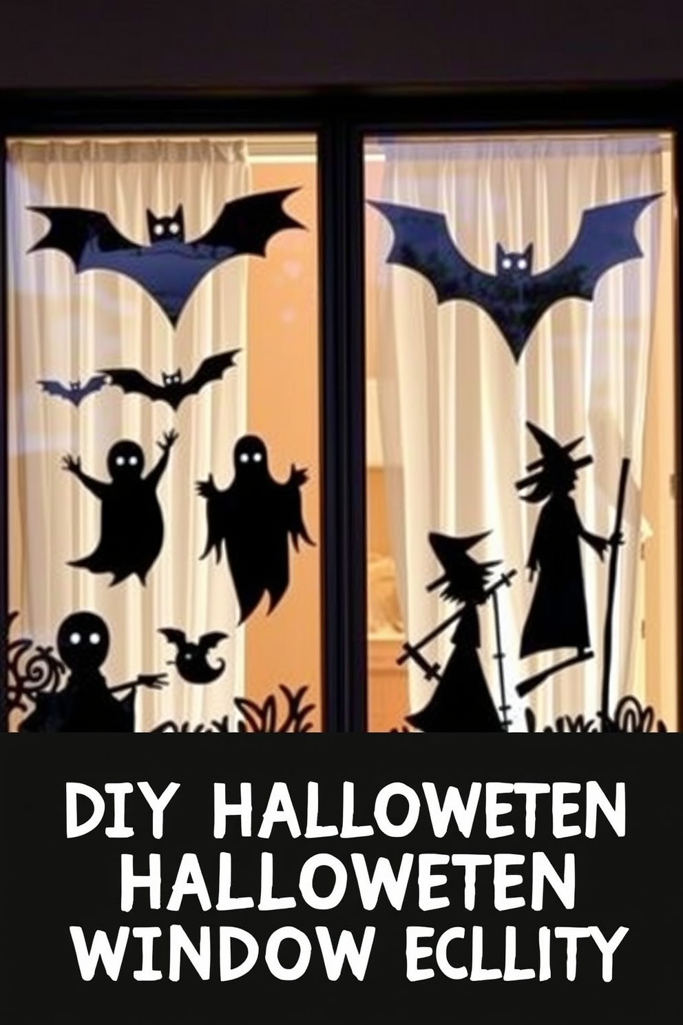 Create a whimsical Halloween window display featuring DIY silhouettes of spooky creatures. The windows are adorned with black cutouts of bats, ghosts, and witches, casting playful shadows in the evening light.