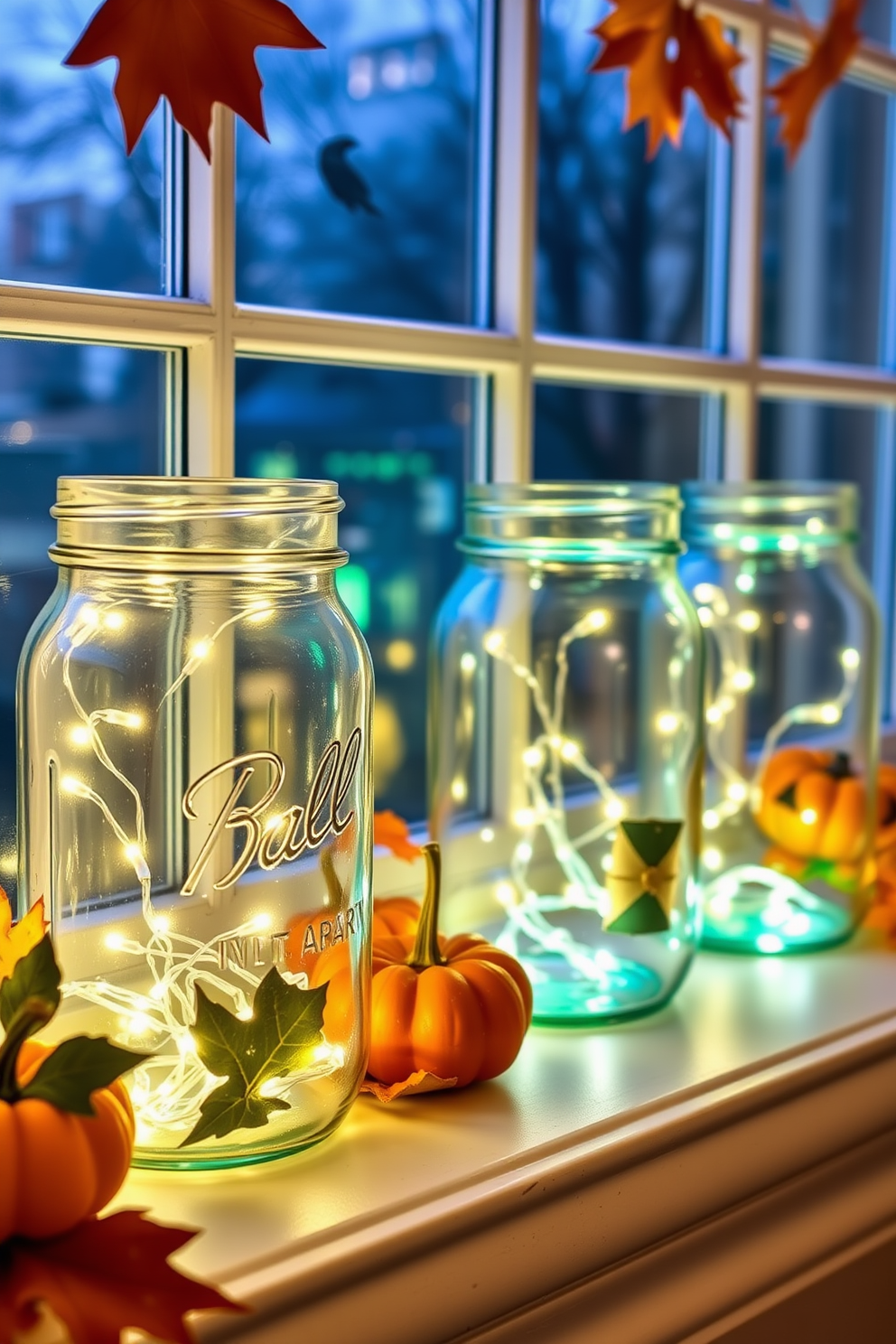 Mason jars filled with glowing lights create a whimsical Halloween atmosphere. Arrange the jars on a windowsill, surrounded by autumn leaves and miniature pumpkins for a festive touch.