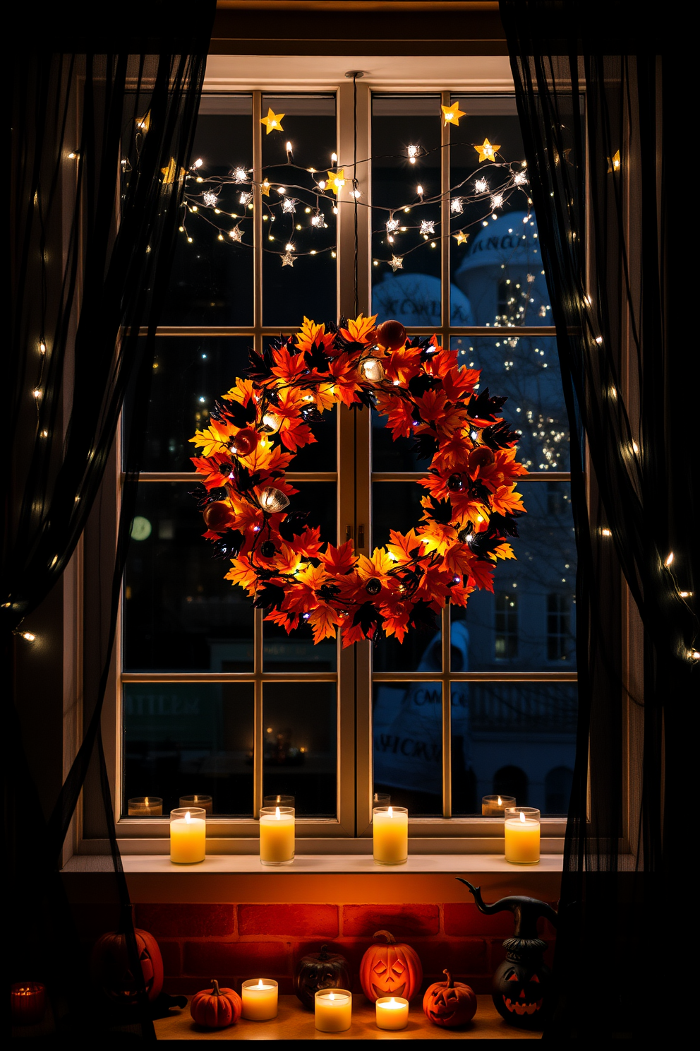 A vibrant window display features a large circular wreath made of artificial orange and black leaves intertwined with twinkling fairy lights. The wreath is adorned with miniature pumpkins and spooky decorations, creating a festive Halloween atmosphere. Flanking the wreath are sheer black curtains that flutter gently in the breeze, enhancing the dramatic color scheme. The window sill is decorated with small candles and carved jack-o'-lanterns, adding to the seasonal charm.