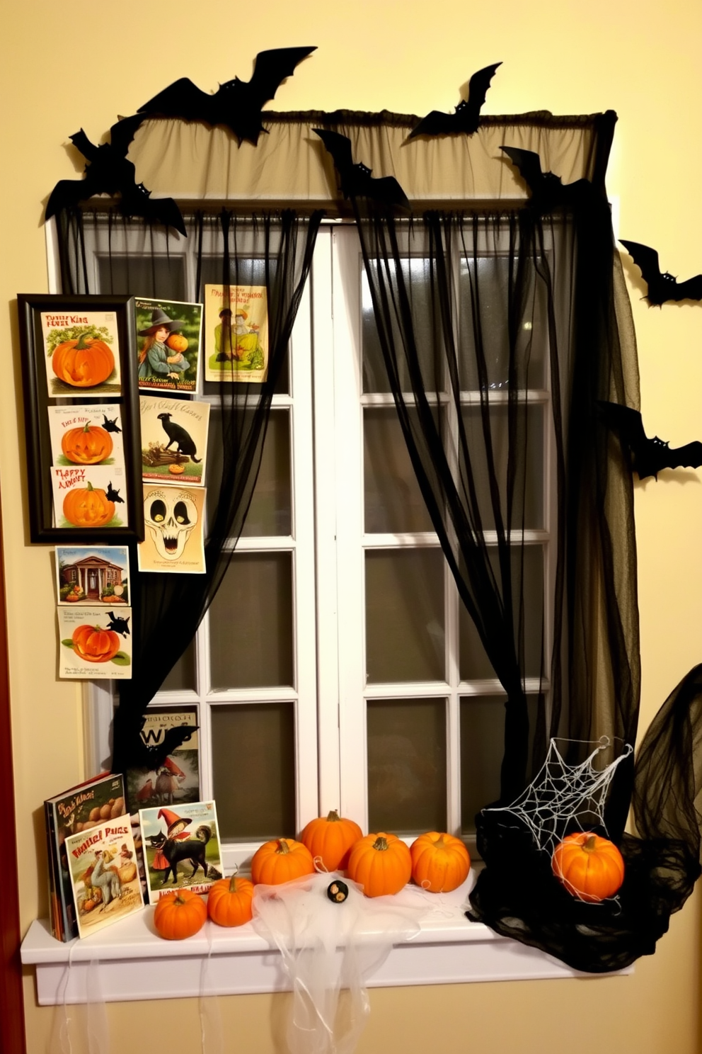 A collection of vintage Halloween postcards arranged in a visually appealing manner. The postcards feature classic Halloween imagery such as pumpkins, witches, and black cats, displayed in a charming frame on the wall. Spooky window decorations enhance the Halloween theme with sheer black curtains and hanging bats. A playful arrangement of fake cobwebs and small pumpkins sits on the windowsill, creating an inviting yet eerie atmosphere.