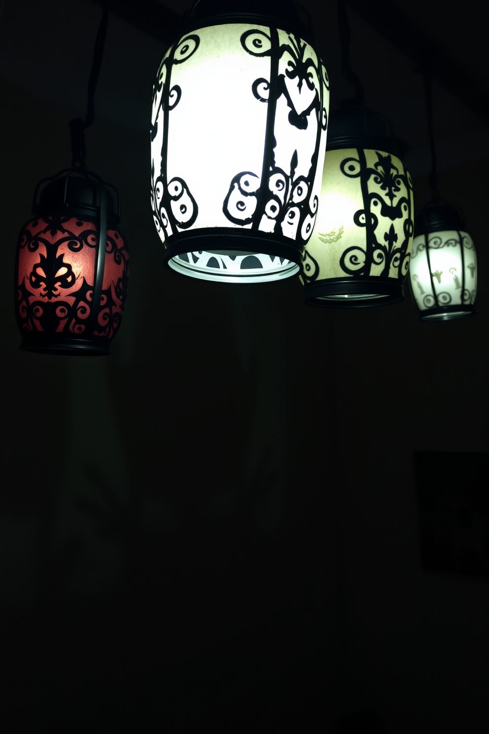 Hanging lanterns with an eerie glow create a haunting atmosphere for Halloween window decorations. The lanterns are adorned with intricate designs, casting spooky shadows on the walls and floor.