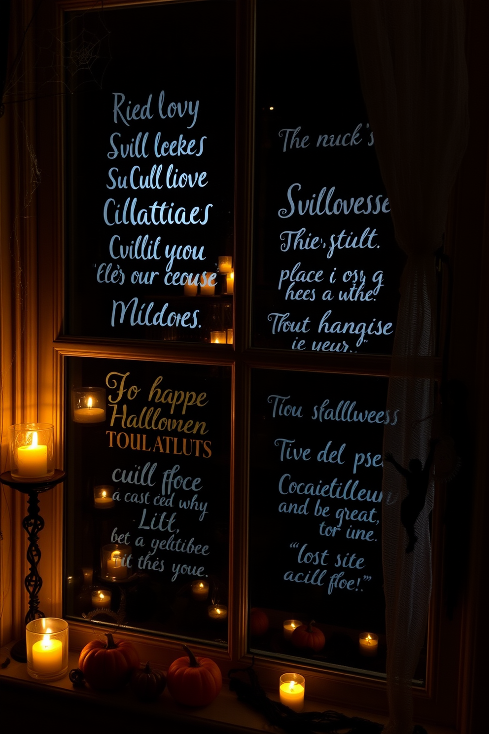 Spooky quotes are elegantly etched onto the window glass, creating an eerie yet inviting atmosphere for Halloween. The dimly lit room is enhanced by flickering candlelight, casting shadows that dance across the quotes. Decorative elements like cobwebs and small pumpkins frame the windows, adding to the festive spirit. An assortment of ghostly silhouettes hangs nearby, completing the hauntingly beautiful window display.