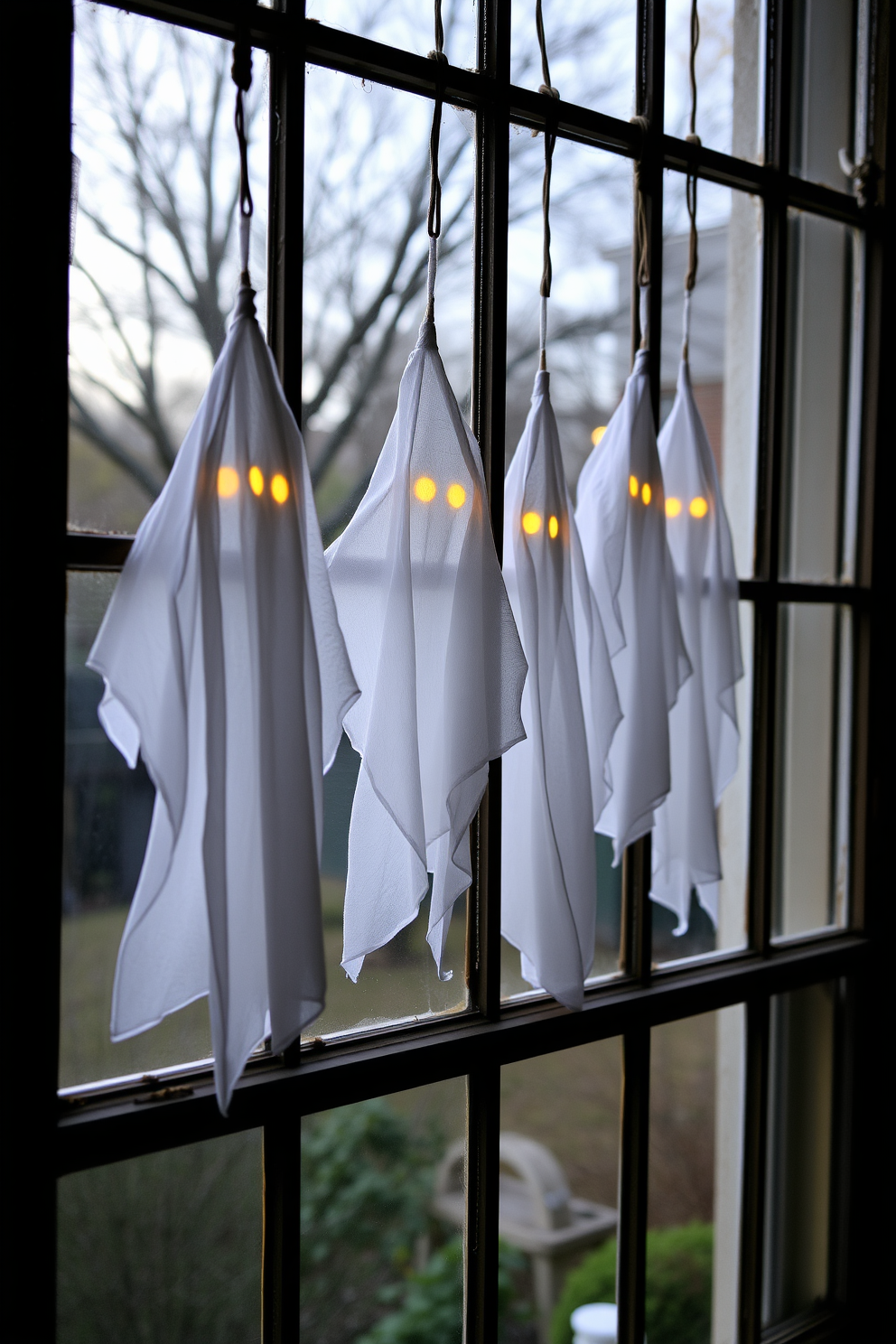 Hanging ghostly figures dangle from the window frames creating a spooky atmosphere. The figures are made of sheer white fabric, gently swaying in the breeze, with glowing eyes that add an eerie touch.