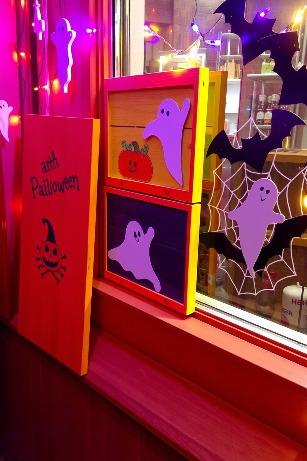 Wooden boards painted with Halloween themes feature vibrant colors and spooky designs. Each board displays a unique illustration, such as pumpkins, ghosts, and cobwebs, creating a festive atmosphere. Halloween window decorating ideas include hanging ghostly figures and bat cutouts. String lights in orange and purple add a magical touch to the overall display.