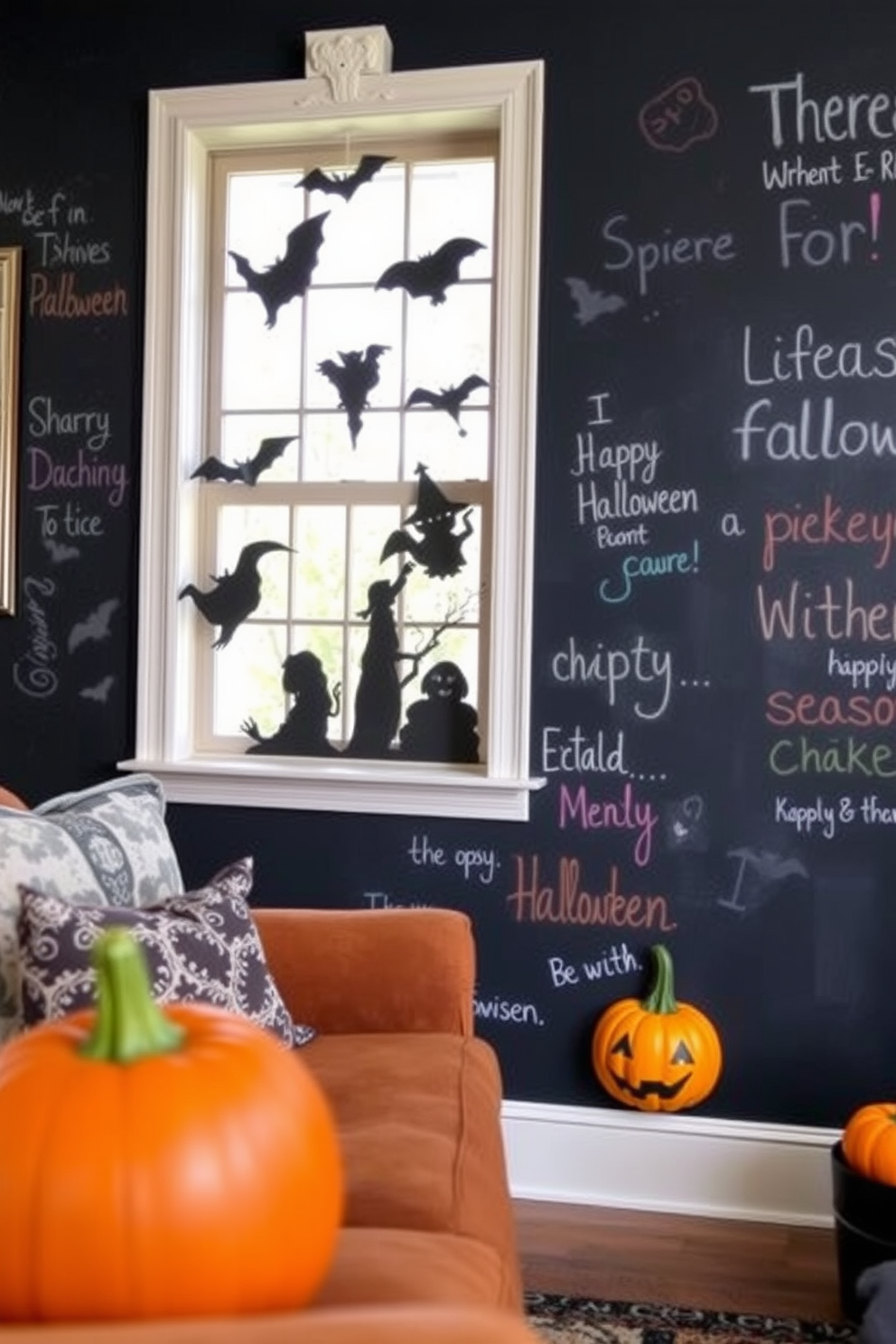 A cozy living room decorated for Halloween features a large window adorned with spooky silhouettes cut from black paper. The chalkboard paint on the wall is filled with whimsical seasonal messages in colorful chalk, creating a festive and inviting atmosphere.