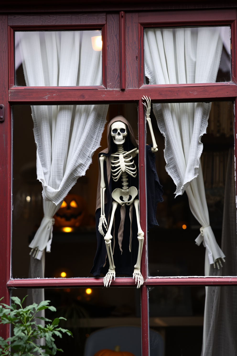 Hanging skeletons peek through the windows creating a spooky atmosphere for Halloween. The skeletons are dressed in tattered clothing, adding a touch of eerie charm to the festive decor.