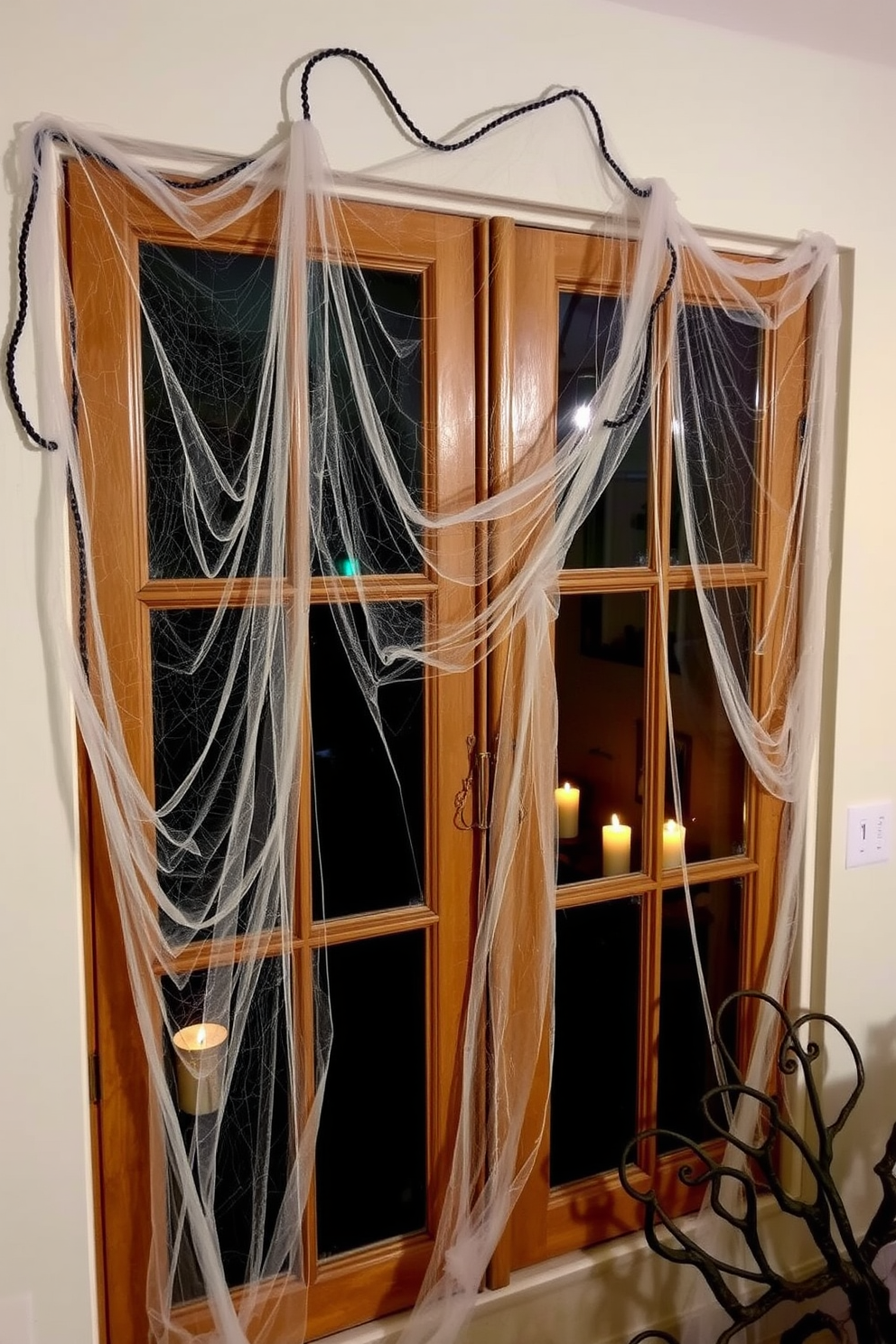 A spooky Halloween window display featuring faux cobwebs elegantly draped over wooden window frames. The cobwebs create an eerie atmosphere, enhanced by flickering candlelight from within the room.