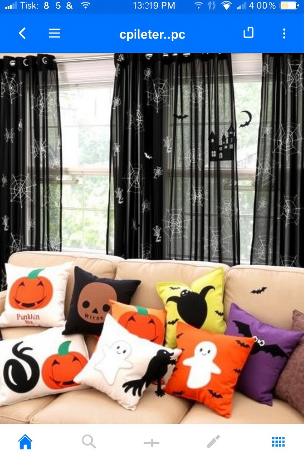 Decorative pillows featuring Halloween motifs are scattered across a cozy living room sofa. Each pillow showcases vibrant colors and playful designs, such as pumpkins, ghosts, and bats, creating a festive atmosphere. For Halloween window decorating ideas, consider using sheer black curtains adorned with silver spiderweb patterns. Add in playful window clings of witches and haunted houses to enhance the spooky vibe.