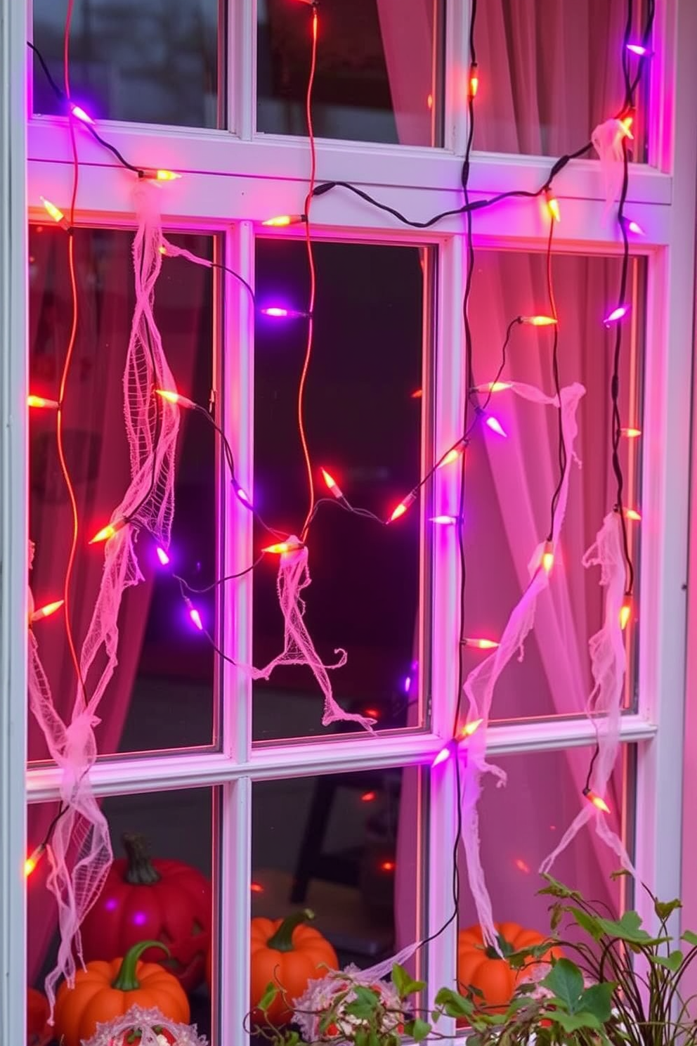 Create a whimsical Halloween window display featuring hanging strings of orange and purple lights. The lights should be intertwined with faux cobwebs and small decorative pumpkins to enhance the festive atmosphere.