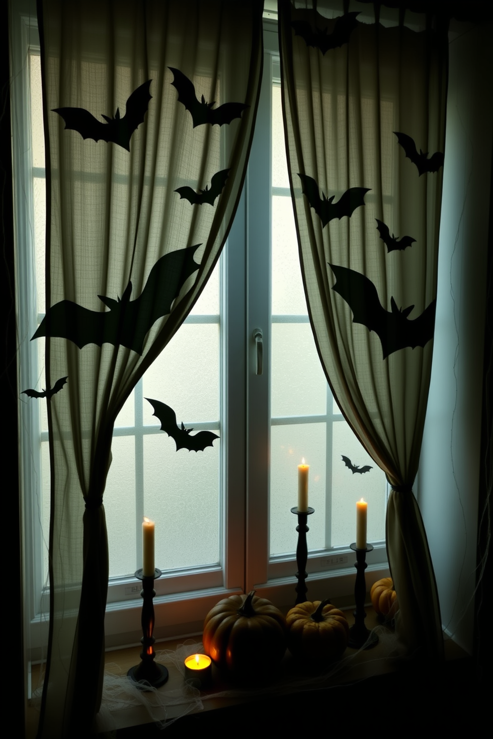 A striking window display featuring silhouette curtains that create a dramatic effect. The curtains are adorned with intricate cut-out designs of bats and pumpkins, allowing soft light to filter through while casting playful shadows on the walls. The window is decorated with a collection of spooky elements such as small carved pumpkins and flickering LED candles on the sill. Wisps of faux cobwebs drape around the edges, enhancing the Halloween theme and inviting a sense of festive intrigue.