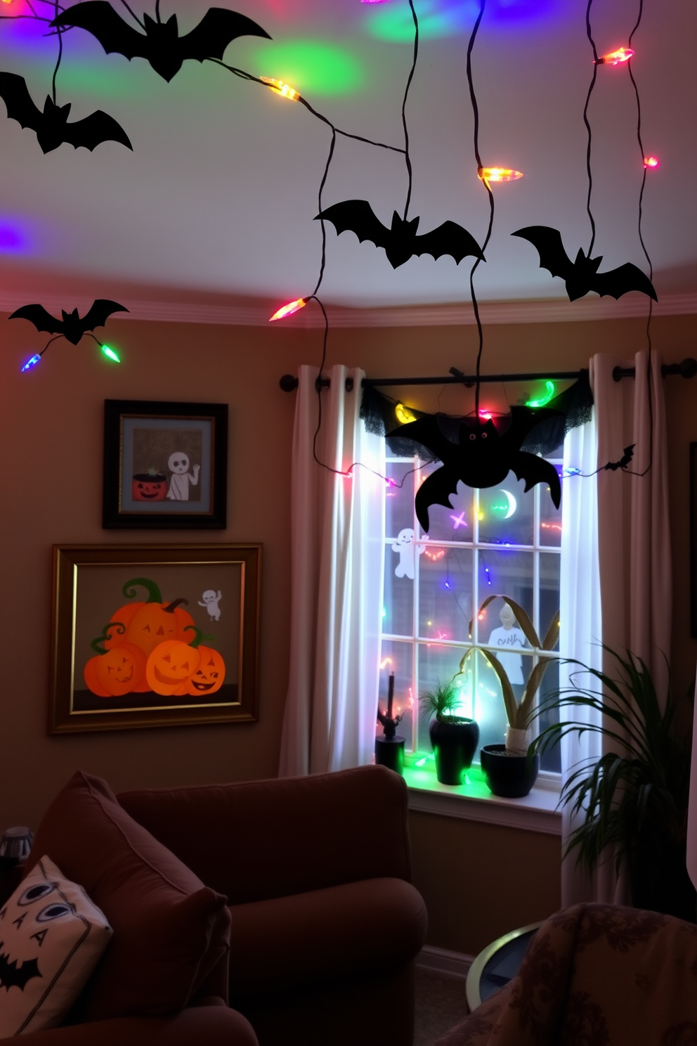 A cozy living room adorned with framed artwork featuring Halloween scenes. The artwork showcases whimsical pumpkins and spooky ghosts, adding a playful touch to the decor. Colorful window decorations bring the Halloween spirit indoors. String lights shaped like bats and spiders hang gracefully, creating a festive atmosphere.