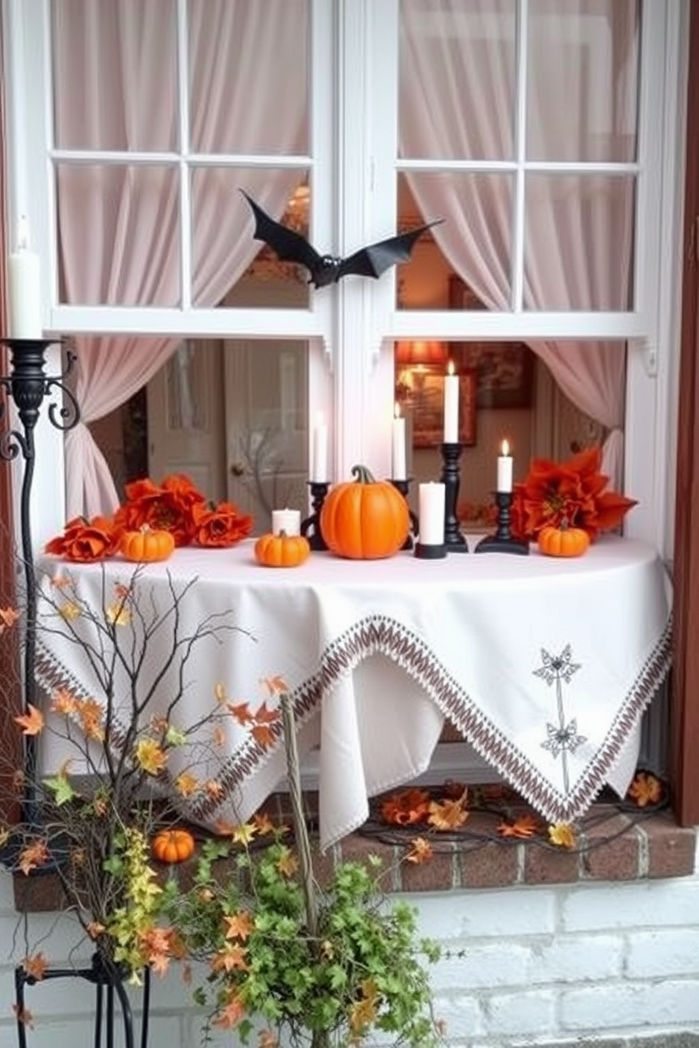 Create a cozy Halloween window display featuring festive tablecloths draped elegantly over the window sills. Incorporate playful decorations such as miniature pumpkins, spooky candles, and autumn leaves to enhance the seasonal atmosphere.