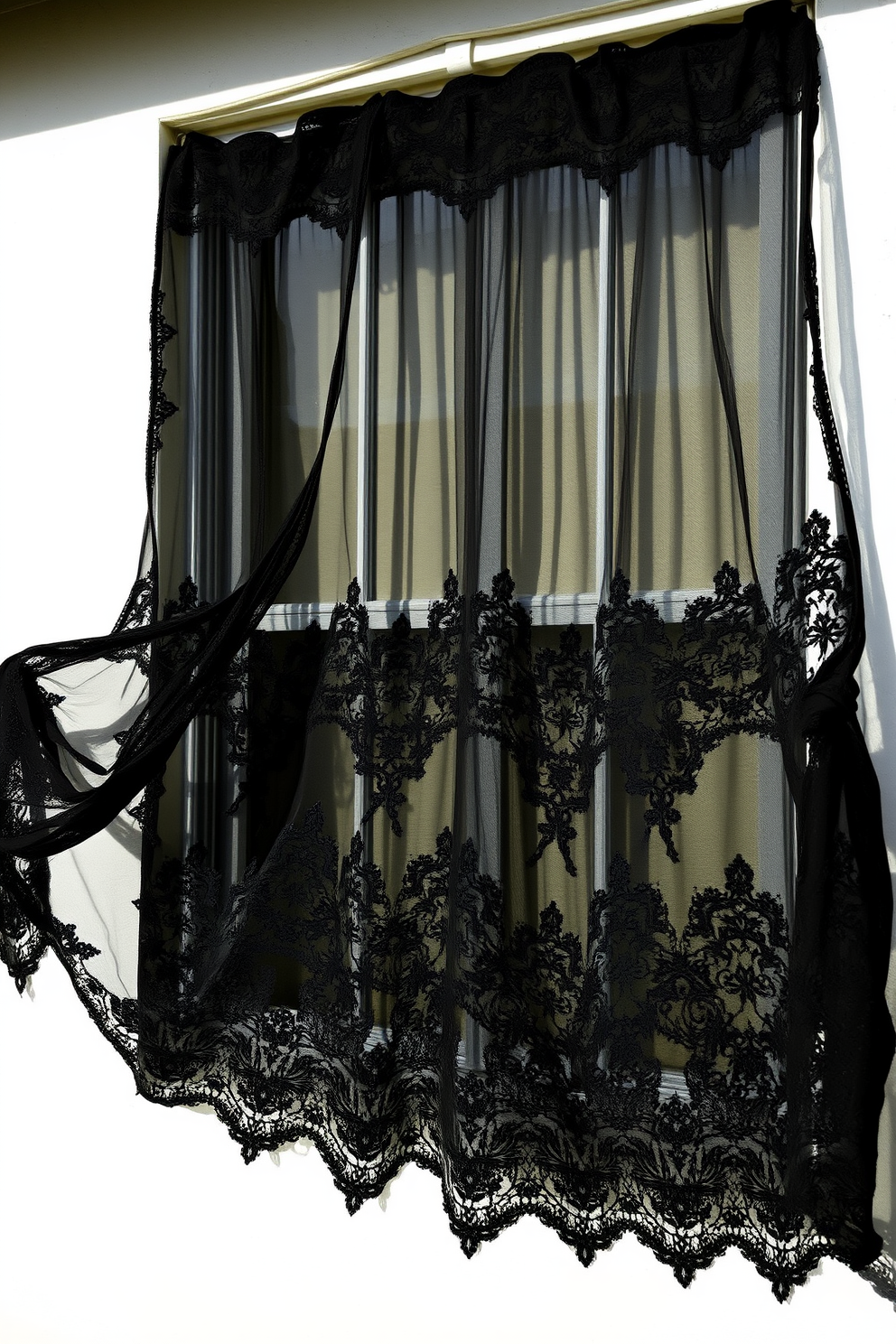 A hauntingly beautiful window setting adorned with black lace curtains that billow gently in the breeze. The lace creates intricate shadows on the wall, enhancing the eerie atmosphere perfect for Halloween.