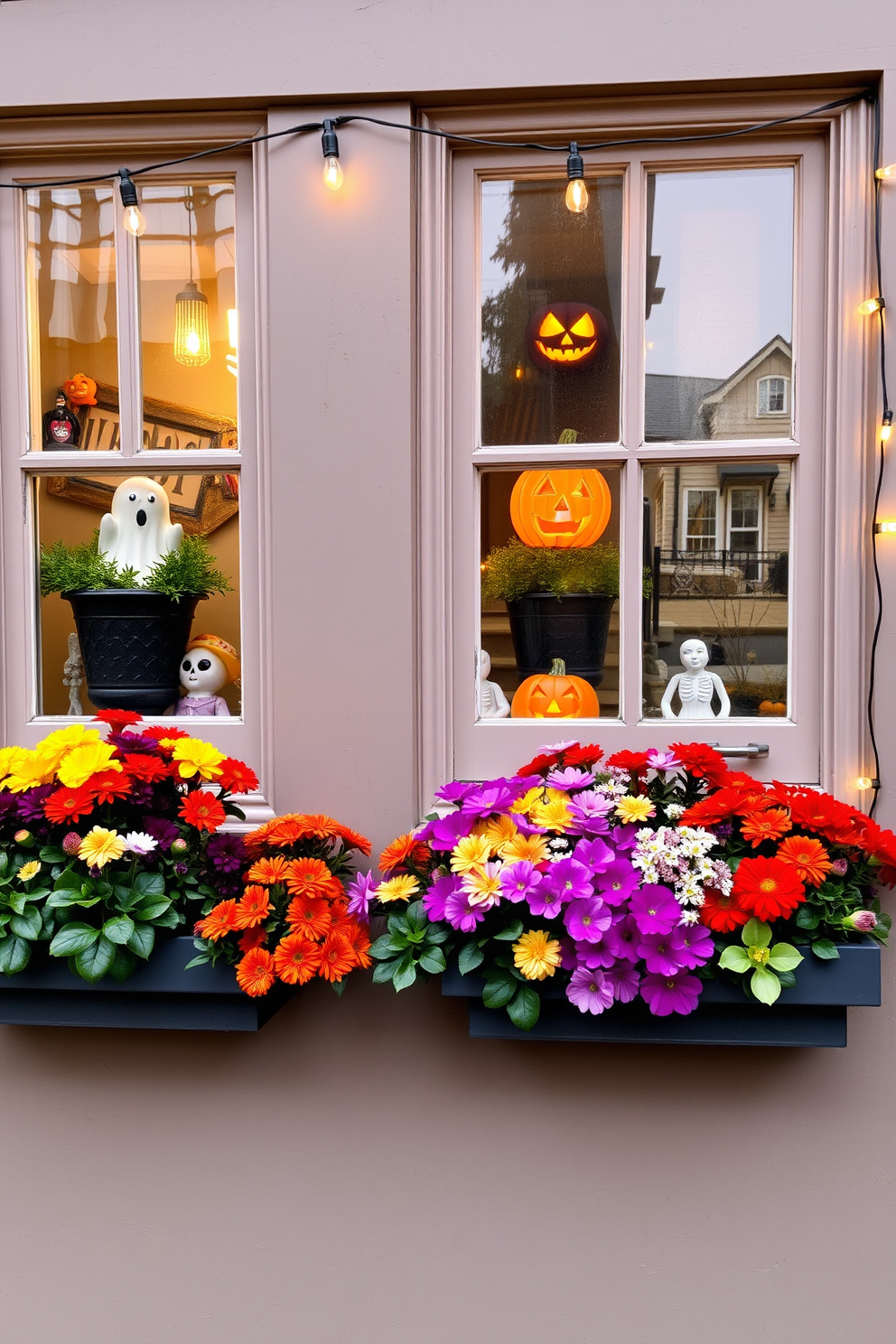 Seasonal flowers in vibrant hues are beautifully arranged in charming window boxes, adding a touch of color and life to the exterior. Each window box features a mix of blooms such as chrysanthemums and pansies, perfectly complementing the fall ambiance. Halloween decorations adorn the windows, with playful elements like ghostly figures and carved pumpkins. String lights illuminate the scene, creating a festive atmosphere that invites the spirit of the season.