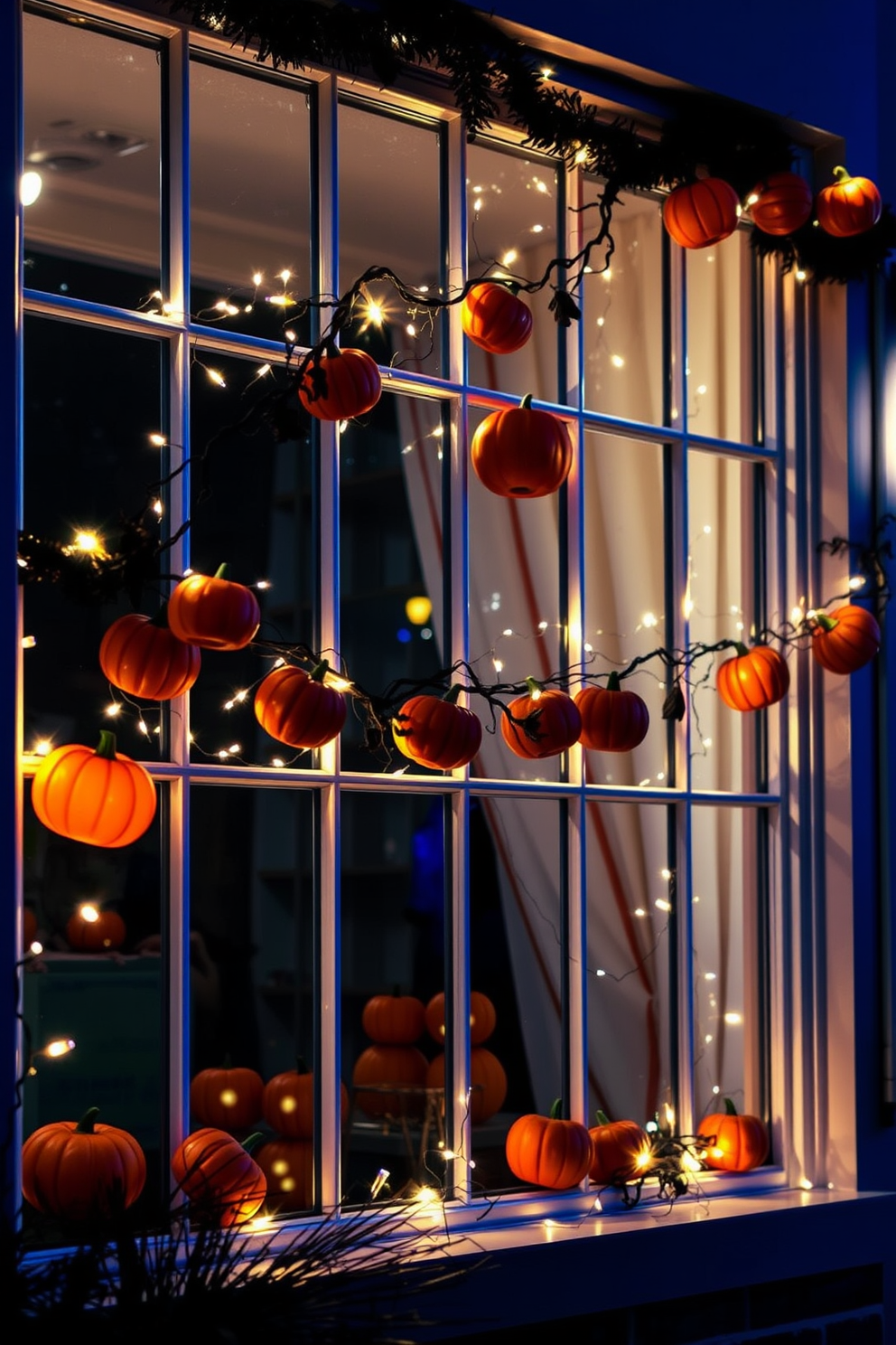 A whimsical Halloween window display featuring pumpkin garlands elegantly draped across the window frames. The garlands are adorned with twinkling fairy lights, creating a festive and inviting atmosphere.