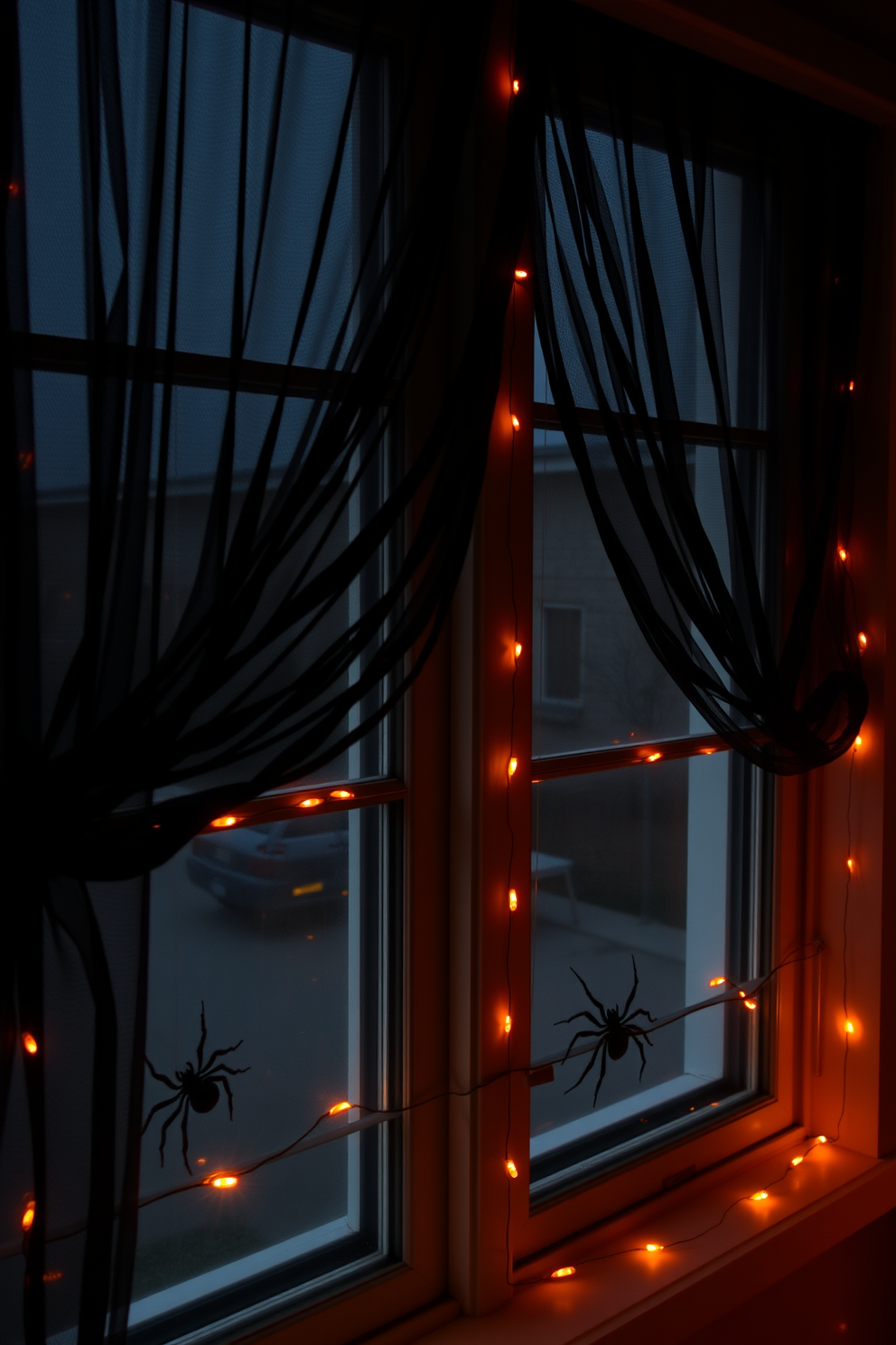 A spooky Halloween scene featuring creepy crawly spiders perched on window sills. The windows are adorned with sheer black curtains, allowing a soft glow from the orange string lights that outline the frames.