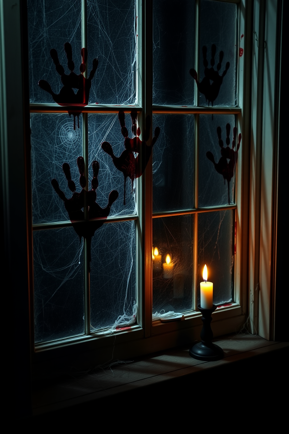 A spooky Halloween window scene featuring eerie bloody handprints smeared across the glass panes. The window is adorned with cobwebs and a flickering candle placed on the sill, casting shadows that enhance the chilling atmosphere.