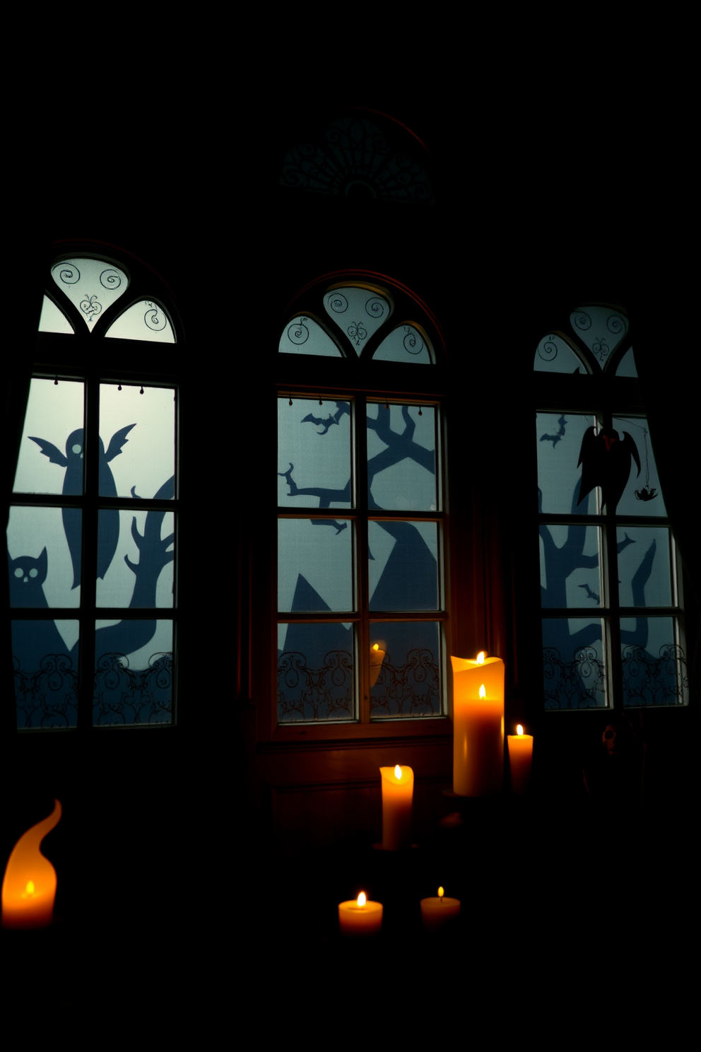 Eerie candlelight flickers softly in the darkened windows, casting haunting shadows across the room. Ghostly silhouettes and whimsical decorations create a spine-chilling ambiance that captures the essence of Halloween.