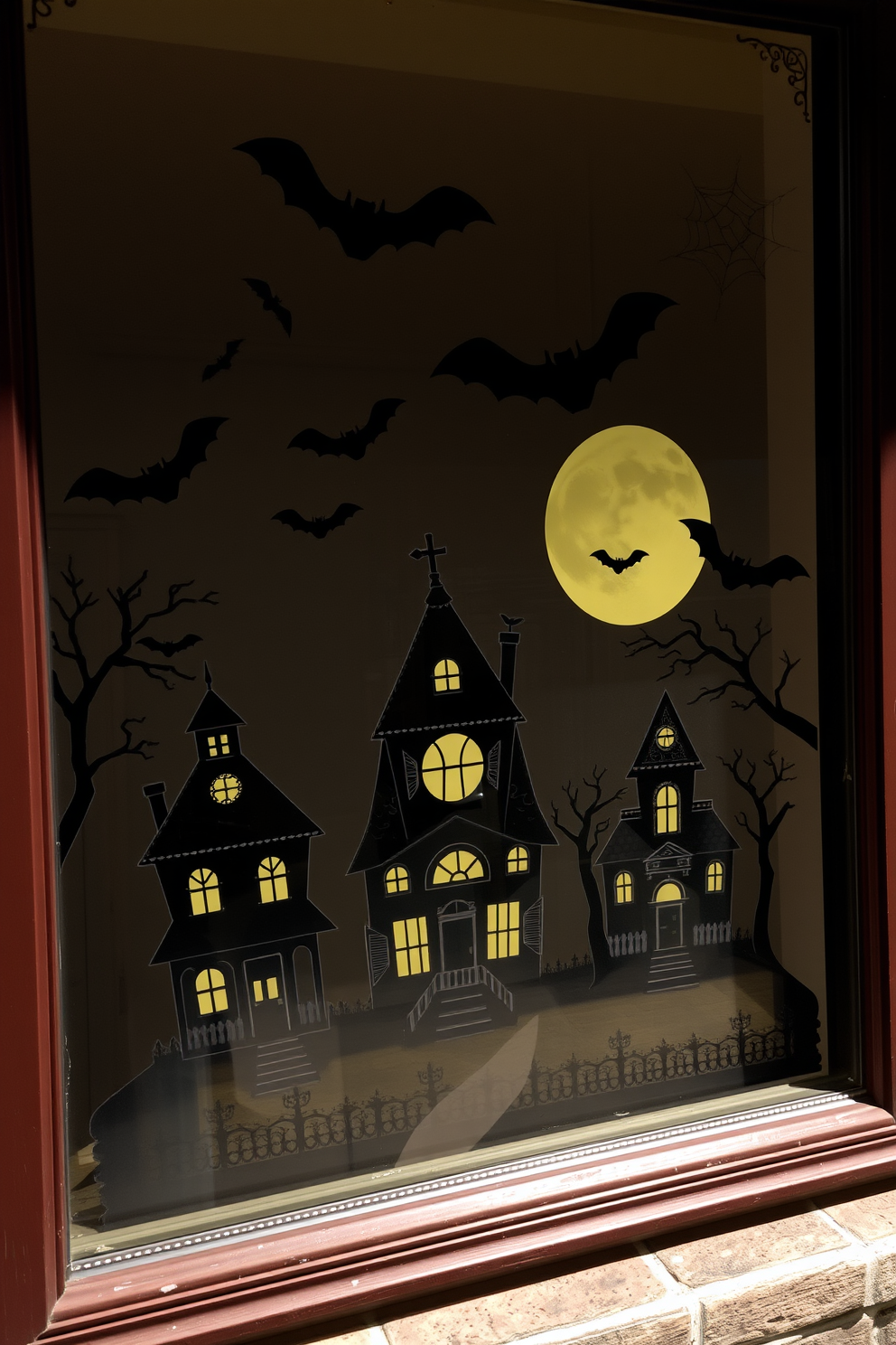 A spooky Halloween window display featuring intricate decals of haunted houses. The scene includes silhouettes of bats flying overhead and a full moon casting an eerie glow.