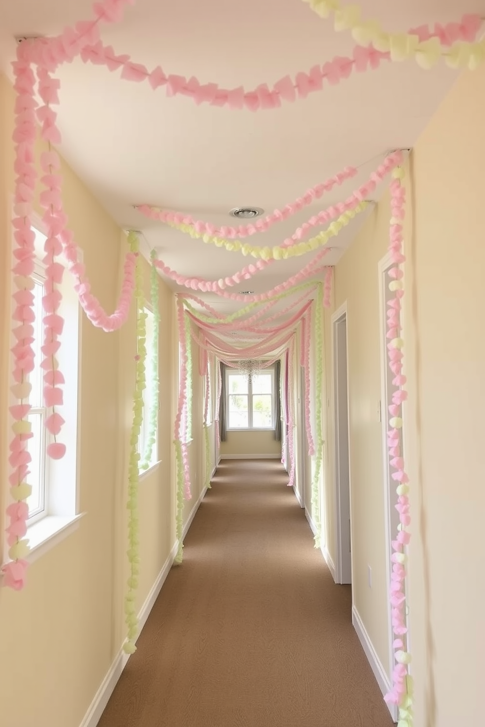 A whimsical hallway adorned with pastel colored garlands gracefully draping from the walls. The soft hues create a cheerful atmosphere, perfect for Easter celebrations, inviting guests to enjoy the festive decor.