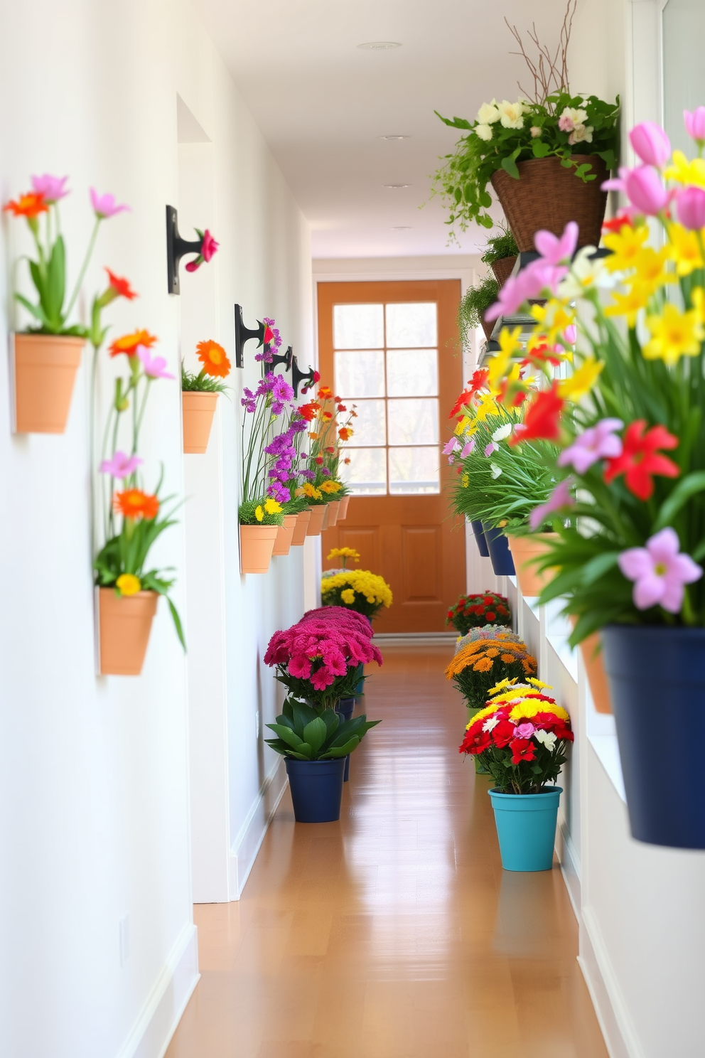 A bright and inviting hallway adorned with potted spring flowers in vibrant colors. The flowers are arranged in a neat line along the walls, creating a cheerful and festive atmosphere for Easter.