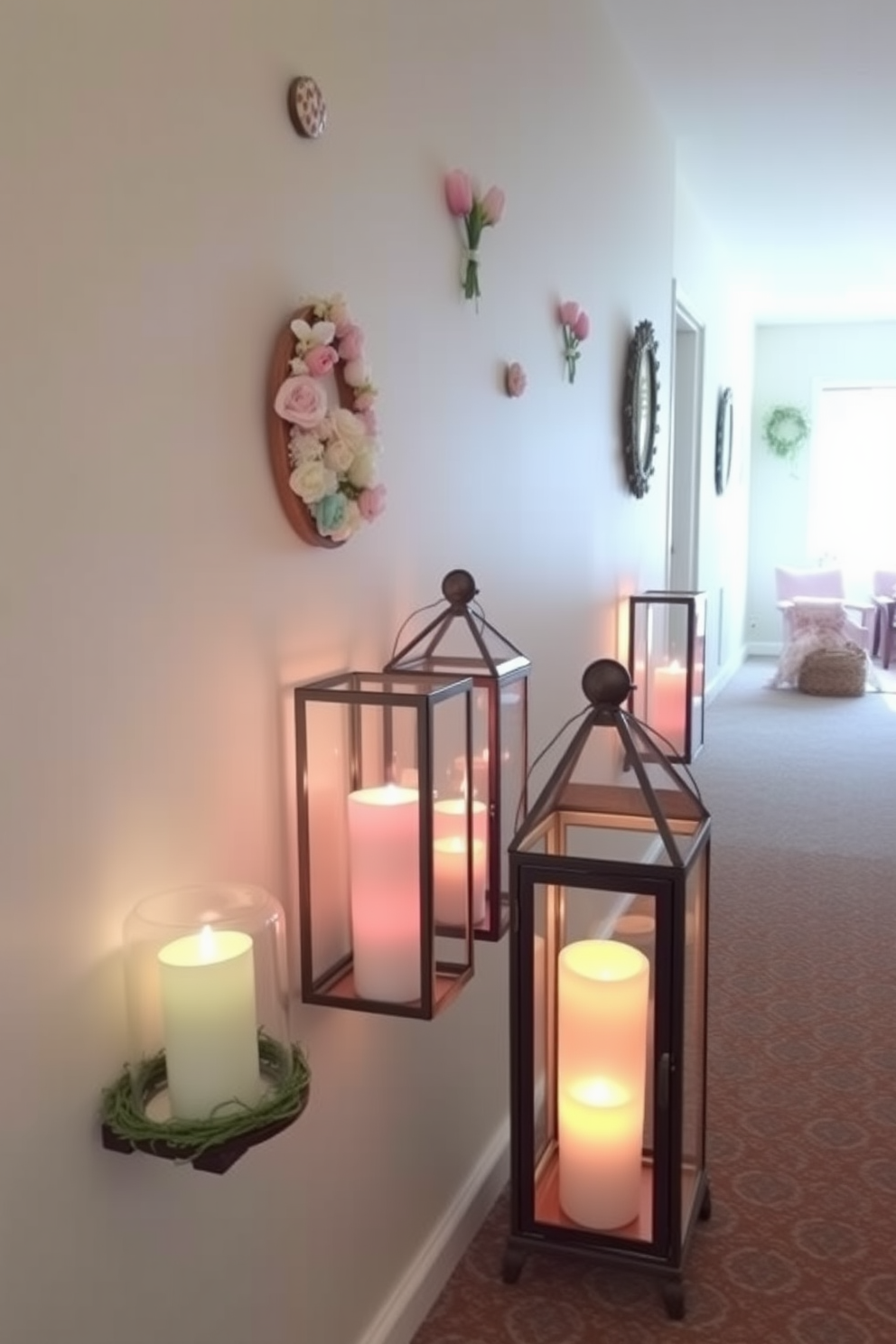 Decorative lanterns are placed along the hallway, each filled with pastel-colored candles that create a warm and inviting glow. The walls are adorned with subtle Easter-themed decorations, featuring soft pastel colors and floral accents that enhance the festive atmosphere.