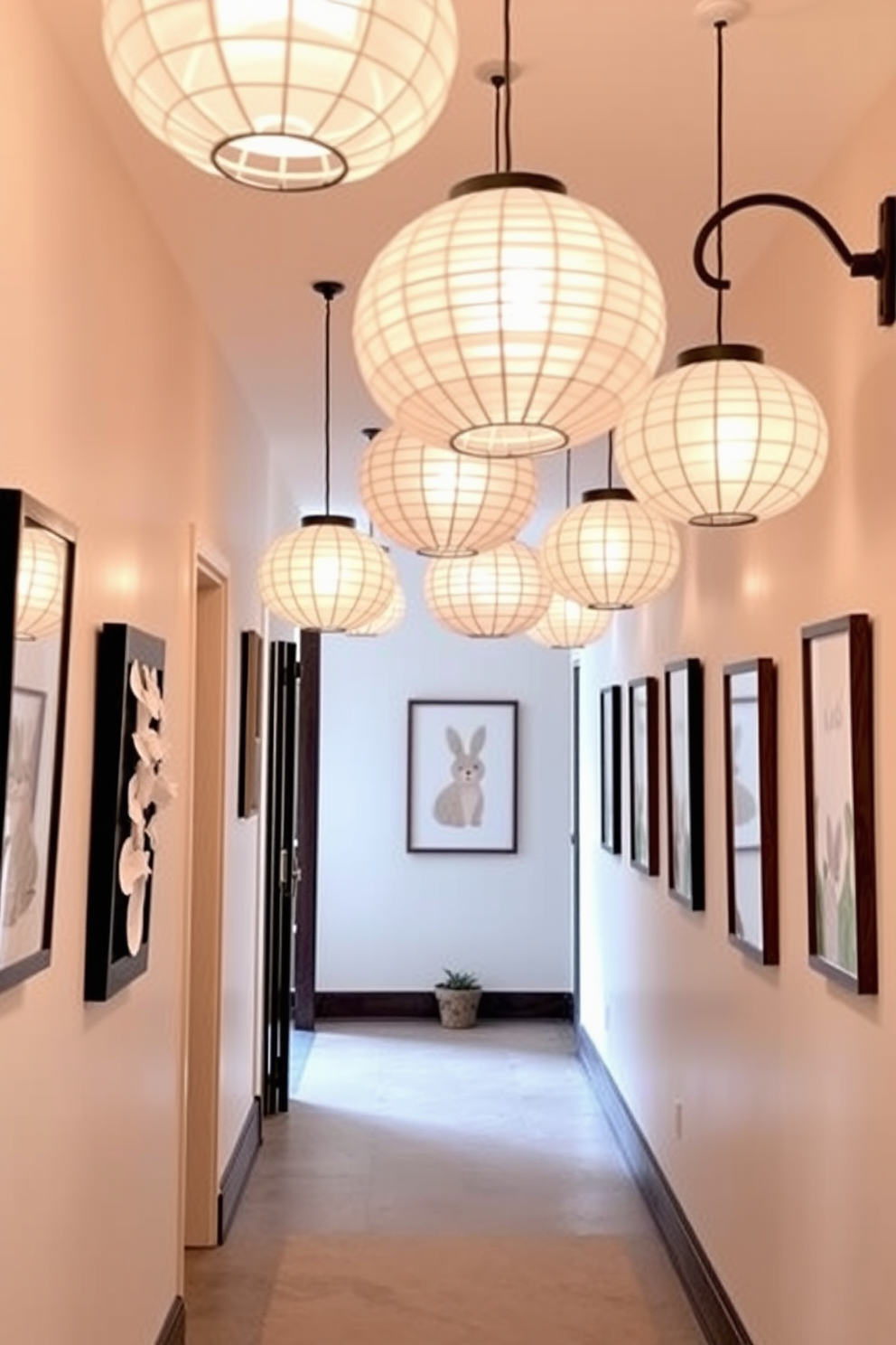 A charming hallway adorned with hanging paper lanterns in soft hues creates a warm and inviting atmosphere. The walls are decorated with subtle Easter-themed artwork, featuring pastel colors and playful designs that enhance the festive spirit.