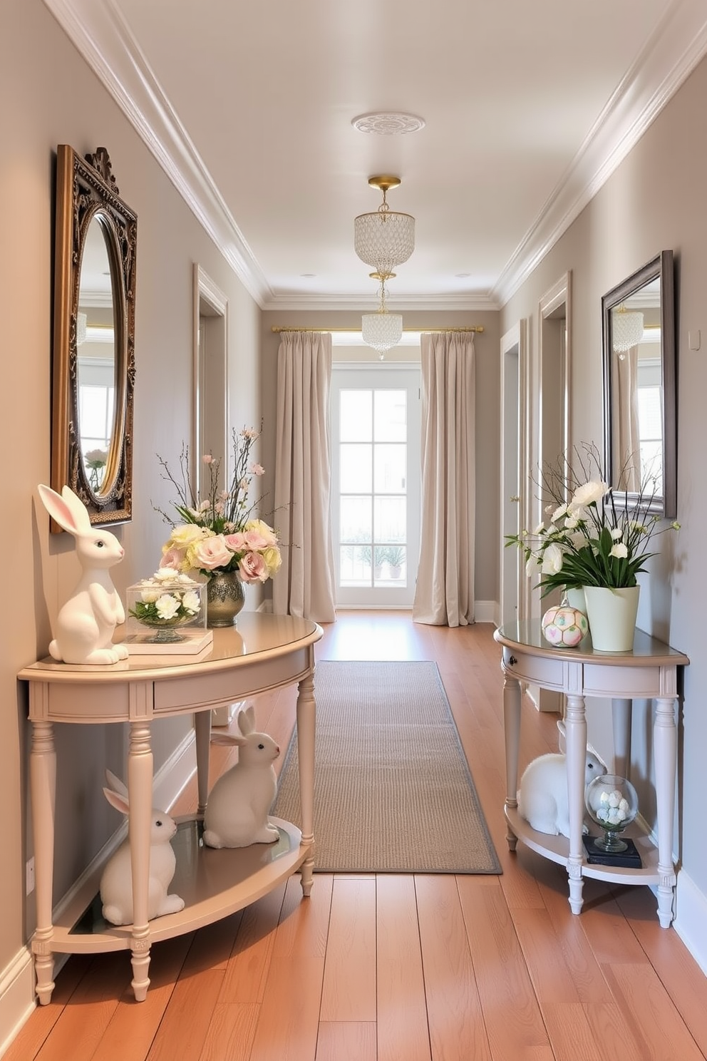 A charming hallway adorned with console tables featuring delightful bunny figurines. The tables are styled with pastel-colored decorations and spring flowers, creating a festive Easter atmosphere.