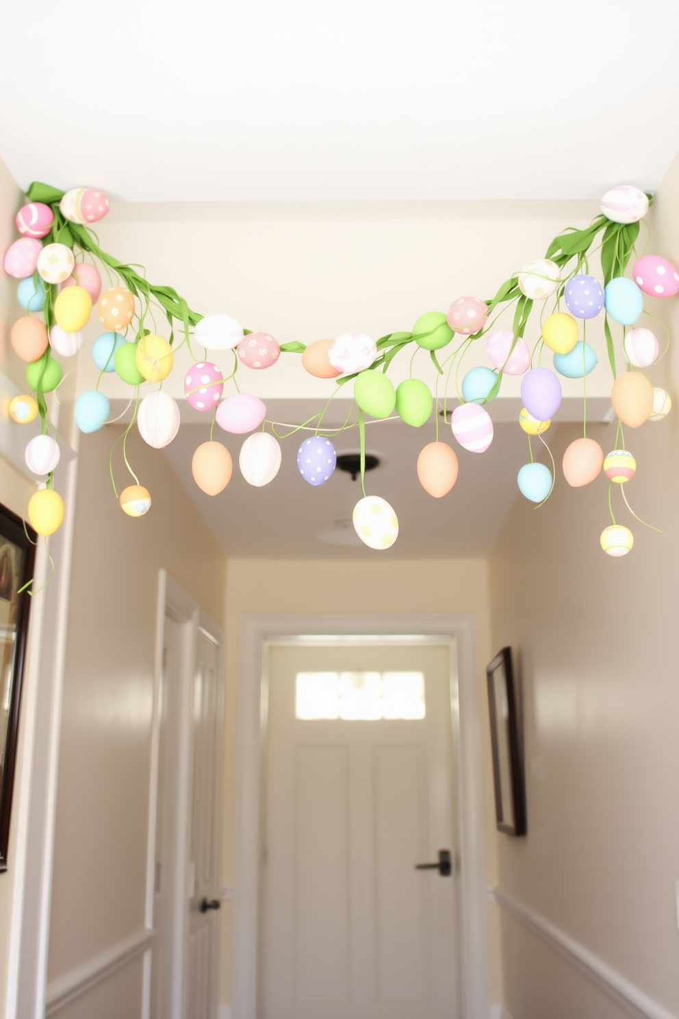 A colorful Easter egg garland is gracefully draped above a bright and inviting hallway. The garland features an assortment of pastel colors and patterns, adding a festive touch to the space.