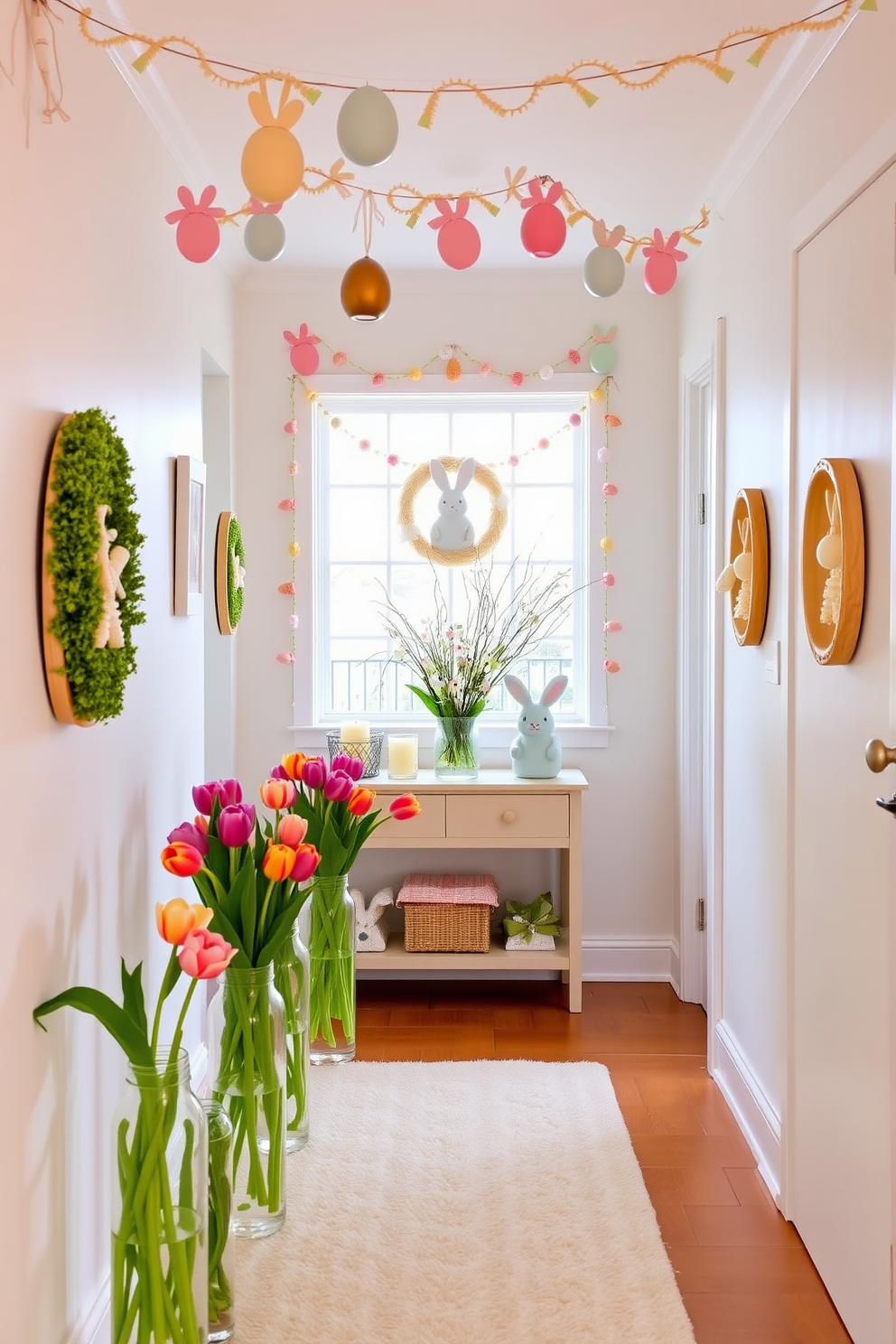 Fresh tulips in clear glass jars are arranged along a narrow console table in a bright hallway. The vibrant colors of the tulips contrast beautifully with the soft pastel hues of the Easter decorations adorning the walls. Easter-themed garlands made of pastel eggs and bunny motifs hang gracefully from the ceiling. A cozy area rug in light colors adds warmth to the space, inviting guests to admire the festive decor.