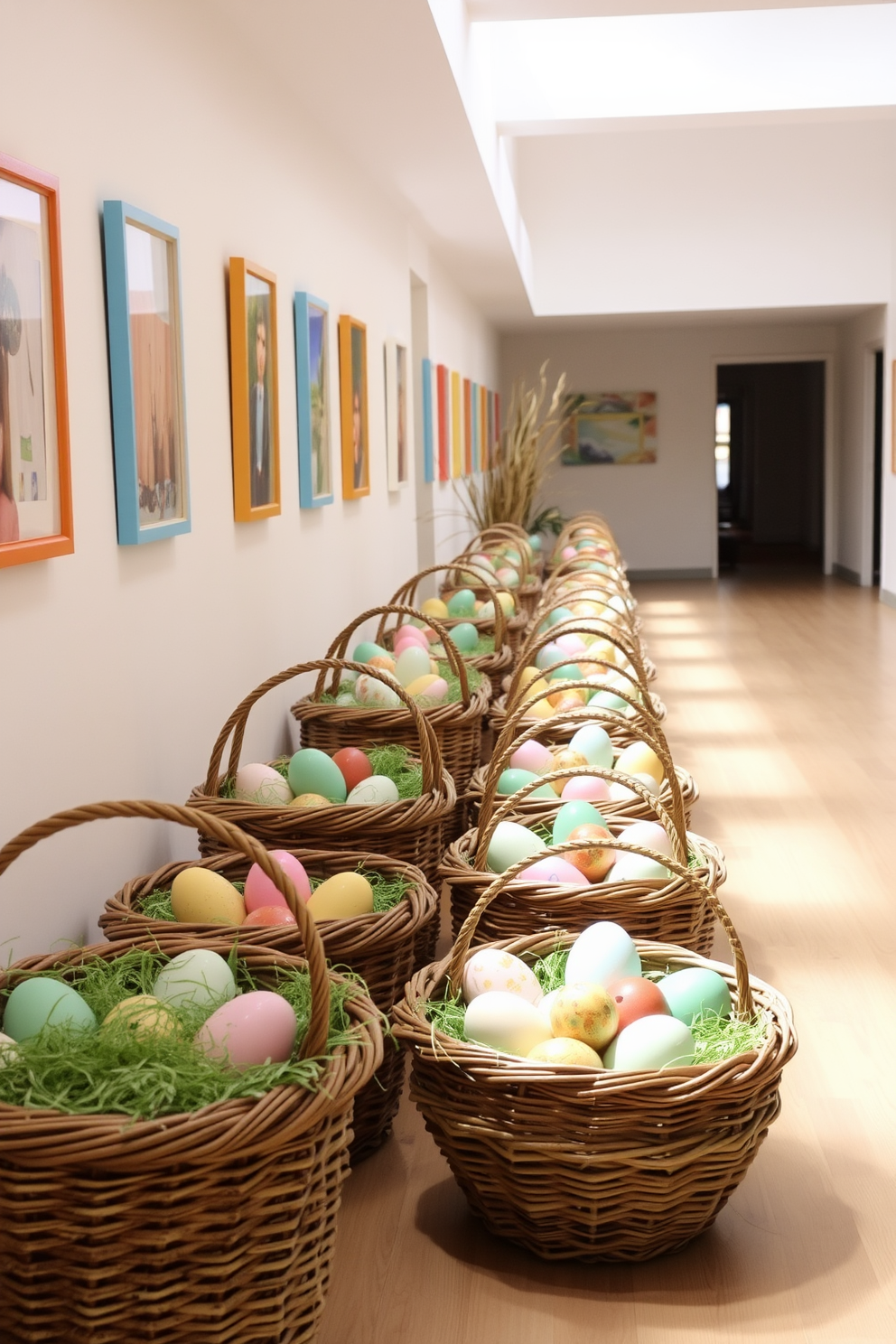 Woven baskets filled with decorative eggs are arranged along a bright and airy hallway. The walls are adorned with pastel-colored artwork, and soft lighting creates a warm and inviting atmosphere.