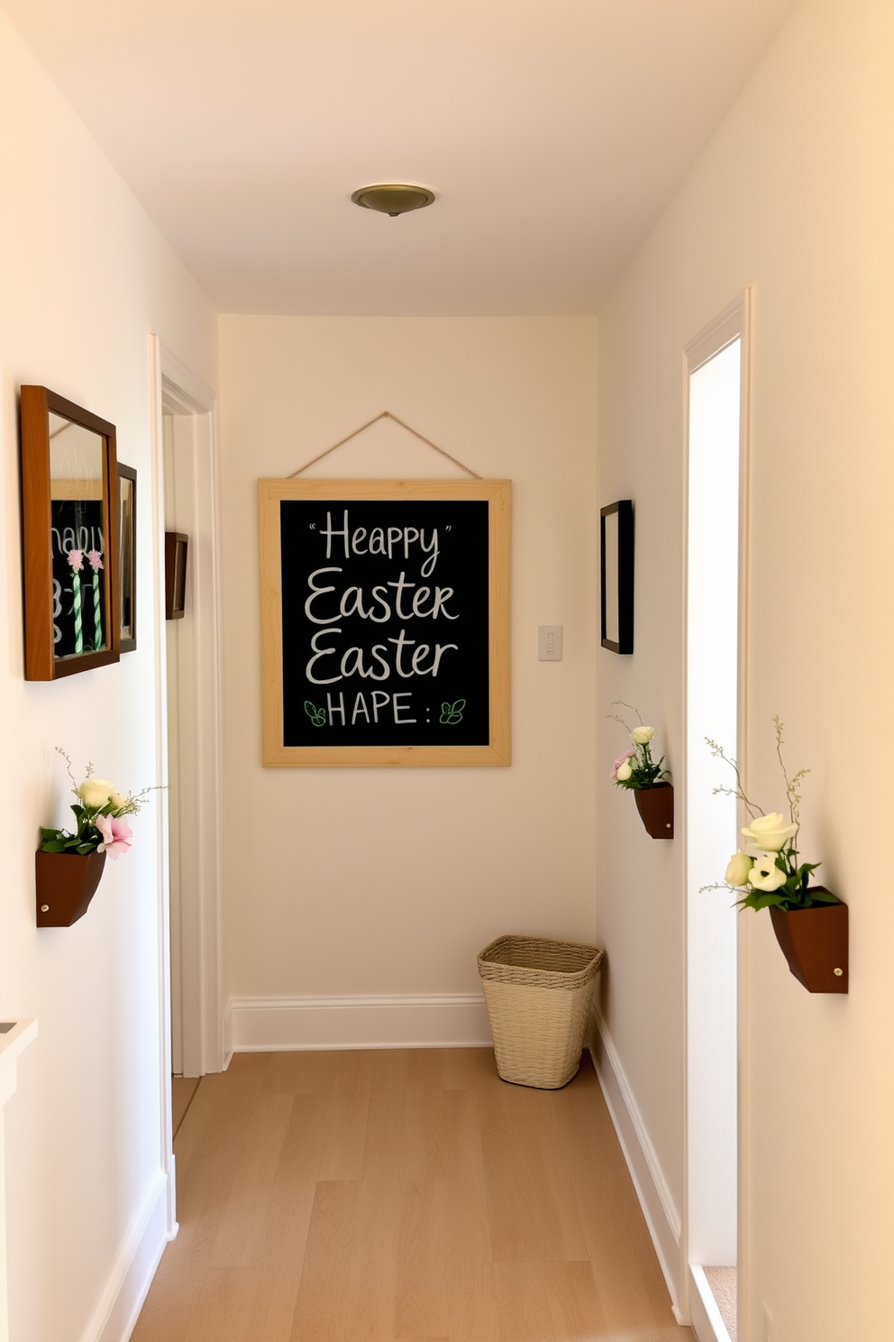 A charming hallway adorned with a chalkboard sign featuring cheerful Easter greetings. The walls are decorated with pastel-colored bunting and small floral arrangements, creating a festive atmosphere.