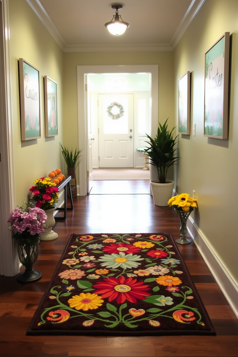 A charming hallway adorned with a floral doormat that welcomes guests with vibrant colors and intricate patterns. The walls are decorated with pastel Easter-themed artwork, creating a festive and inviting atmosphere.