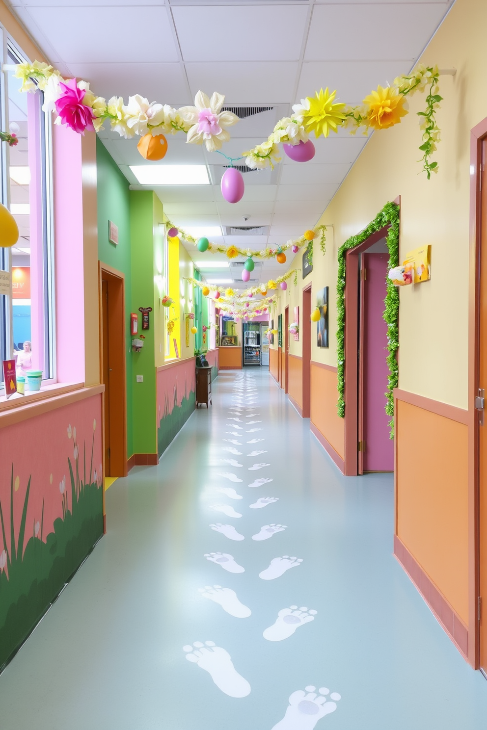 Whimsical bunny footprints meander along a brightly colored hallway, guiding guests through a festive Easter display. The walls are adorned with pastel-hued decorations, and cheerful garlands of flowers and eggs hang from the ceiling, creating a playful and inviting atmosphere.