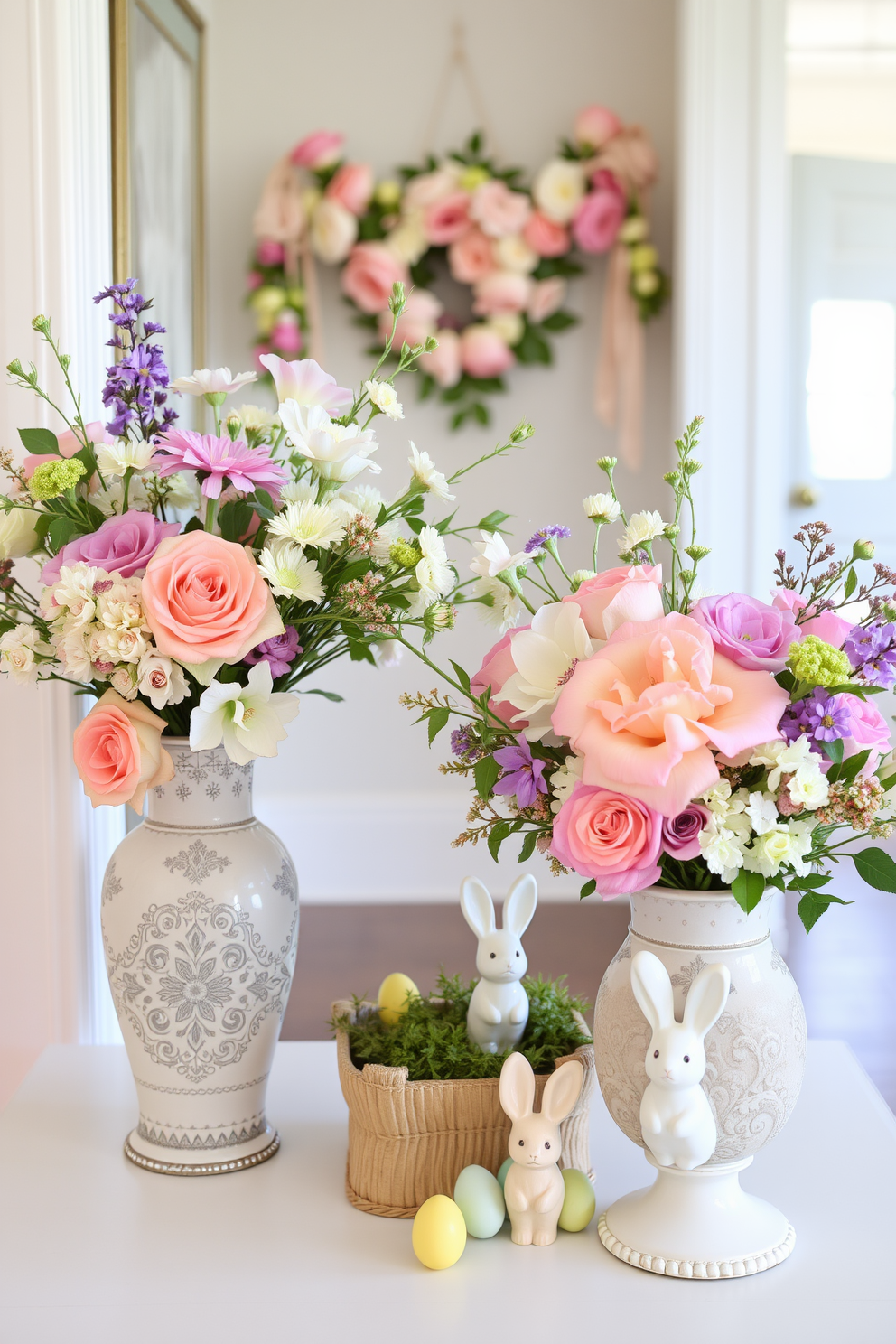 Floral arrangements in vintage vases create a charming and inviting atmosphere. The vases, adorned with intricate patterns, are filled with a vibrant mix of seasonal flowers in soft pastel colors. Hallway Easter decorating ideas can transform the space into a festive display. Consider using colorful garlands, decorative eggs, and cheerful bunny figurines to enhance the seasonal spirit.