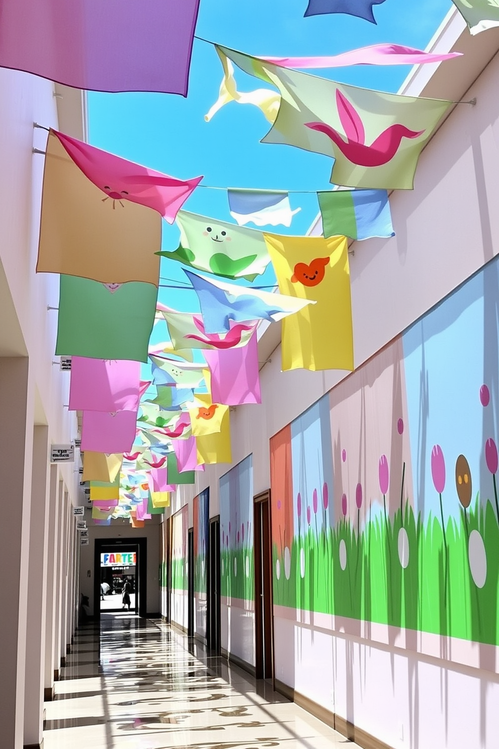 A vibrant hallway adorned with colorful fabric banners that flutter gently in the breeze. The banners feature an array of pastel colors and playful designs, creating a festive atmosphere for Easter celebrations.