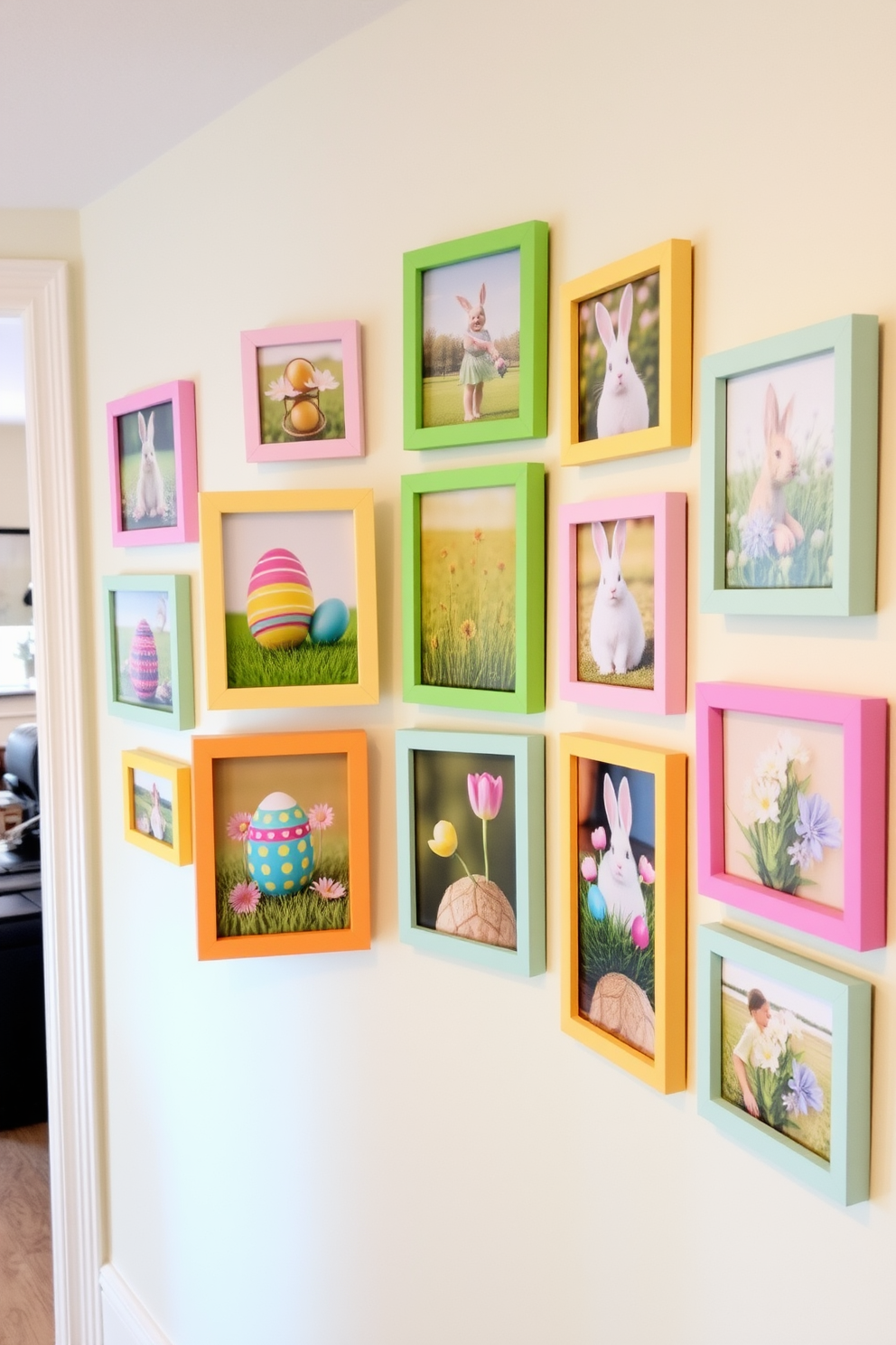 A vibrant Easter-themed photo gallery wall adorns the hallway, showcasing a collection of colorful framed images featuring Easter eggs, bunnies, and spring flowers. The gallery is arranged in a playful yet cohesive manner, with pastel-colored frames that complement the cheerful theme of the season.