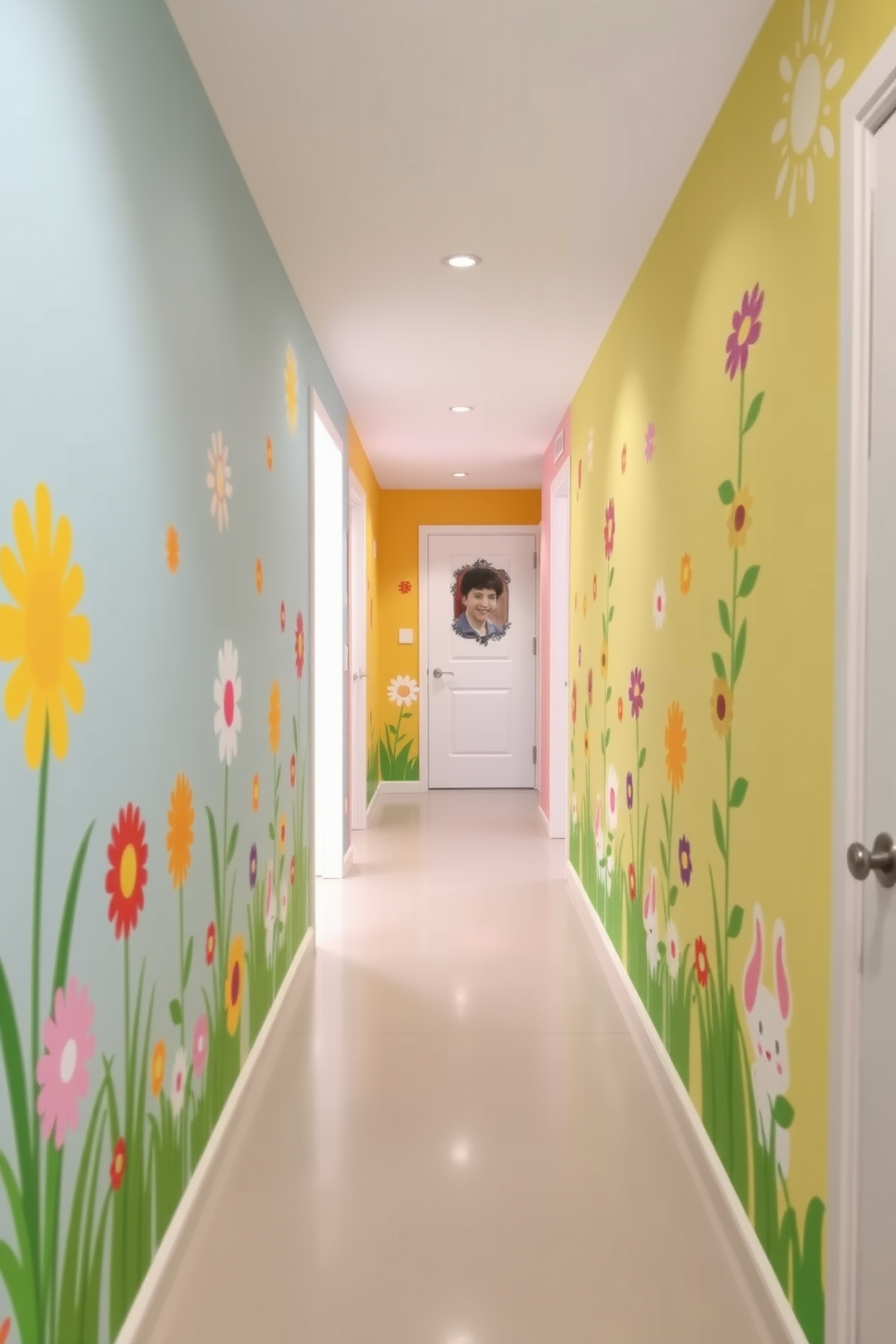 Create a vibrant hallway adorned with spring-themed wall decals featuring colorful flowers and playful bunnies. The decals should create a cheerful atmosphere, inviting guests to enjoy the festive spirit of Easter.