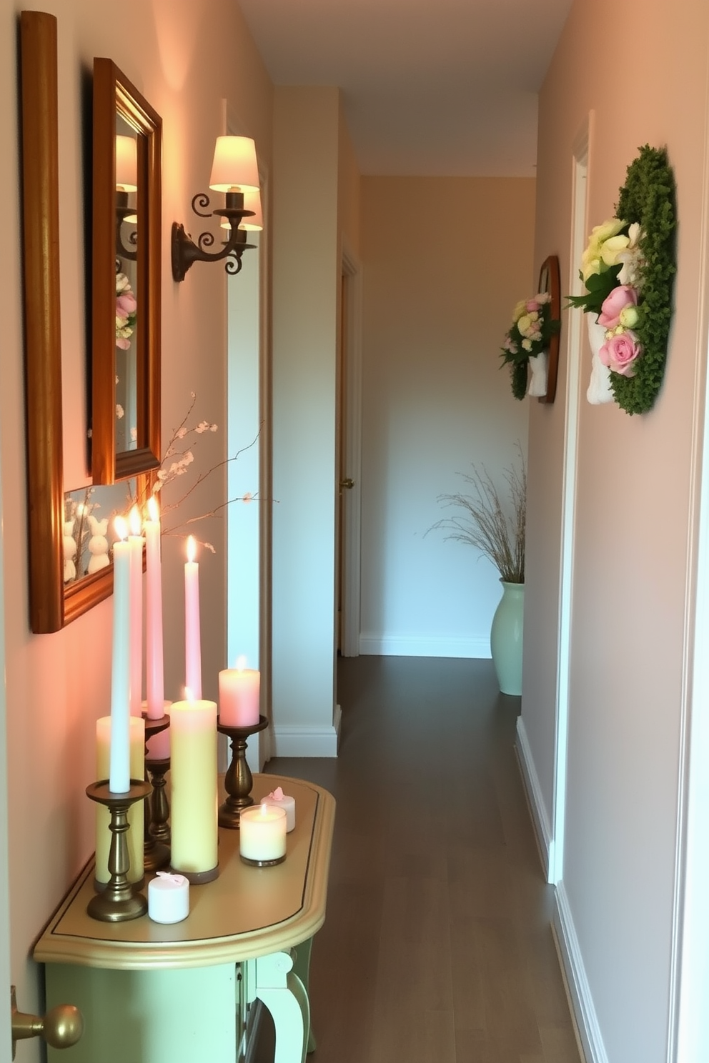 A cozy hallway adorned with seasonal scented candles in pastel colors. The candles are arranged on a decorative console table, creating a warm and inviting atmosphere. Easter decorations are tastefully displayed along the walls, featuring soft pastel hues and whimsical accents. Delicate floral arrangements and charming bunny figurines enhance the festive spirit in the hallway.