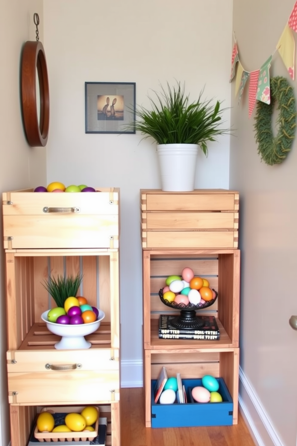 Decorative wooden crates for storage. Stacked in a cozy corner, these crates add rustic charm while providing practical organization for books and plants. Hallway Easter Decorating Ideas. Brightly colored eggs are arranged in decorative bowls, while pastel bunting hangs along the walls to create a festive atmosphere.