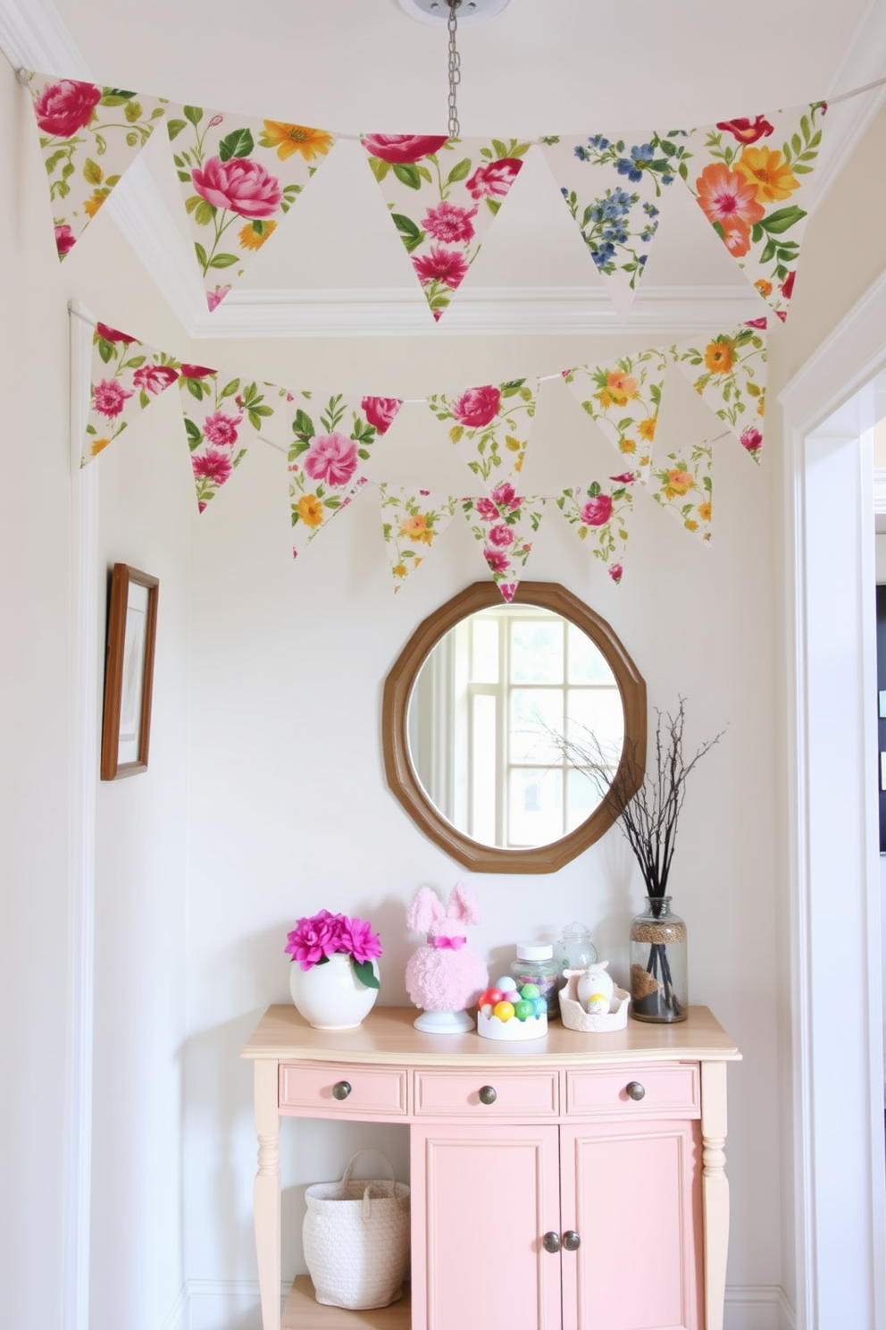 A charming hallway adorned with hanging fabric bunting featuring vibrant floral prints. The bunting gracefully sways above a pastel-colored console table that holds a collection of Easter-themed decorations.