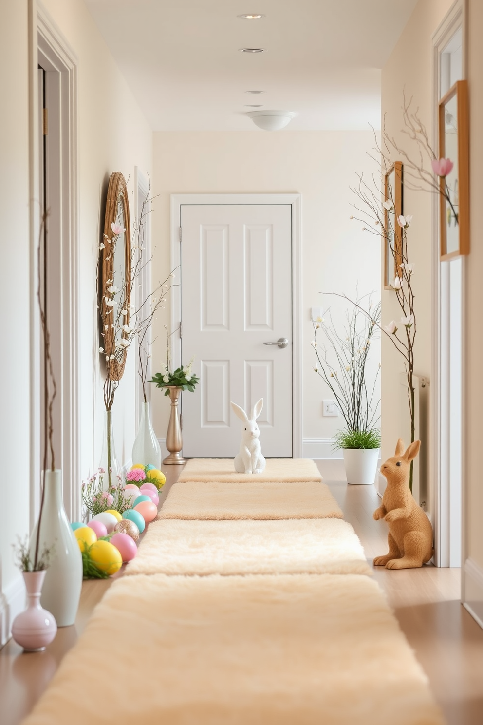 A hallway adorned with soft pastel rugs that add a touch of warmth and brightness to the space. The walls are painted in a light neutral tone, creating a serene backdrop for seasonal Easter decorations. Colorful Easter eggs are artfully arranged along the hallway, accompanied by delicate floral arrangements in pastel hues. A charming bunny figurine sits at the end of the hallway, inviting guests into the festive atmosphere.