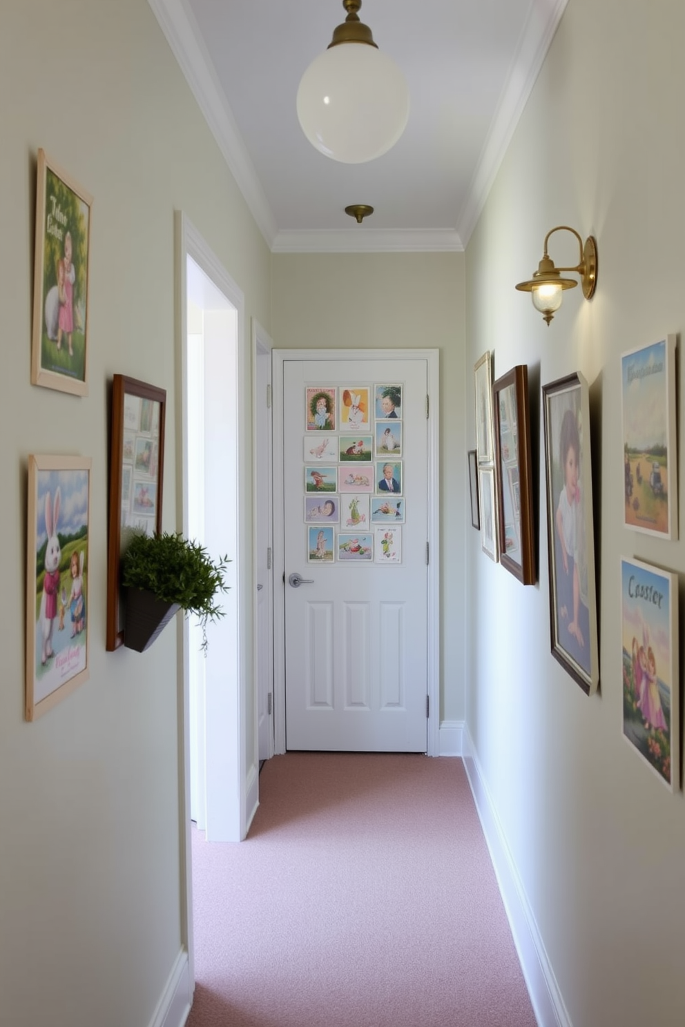 A charming hallway adorned with vintage Easter postcards elegantly displayed on the walls. The postcards feature pastel colors and whimsical designs, creating a festive atmosphere that invites joy and nostalgia.