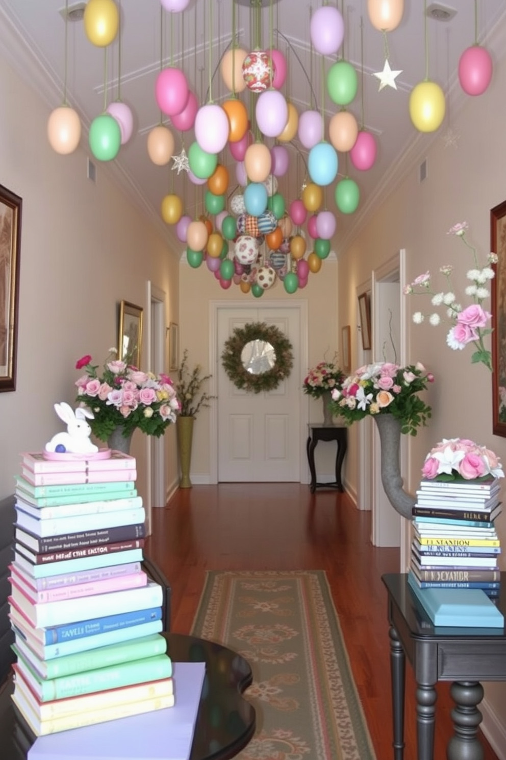 Easter themed books stacked on tables creating a cozy and inviting atmosphere. The tables are adorned with pastel colored table runners and small decorative bunnies placed between the books. Hallway Easter decorating ideas featuring a whimsical display of colorful eggs hanging from the ceiling. Floral arrangements in soft spring colors are placed along the walls, enhancing the festive ambiance.