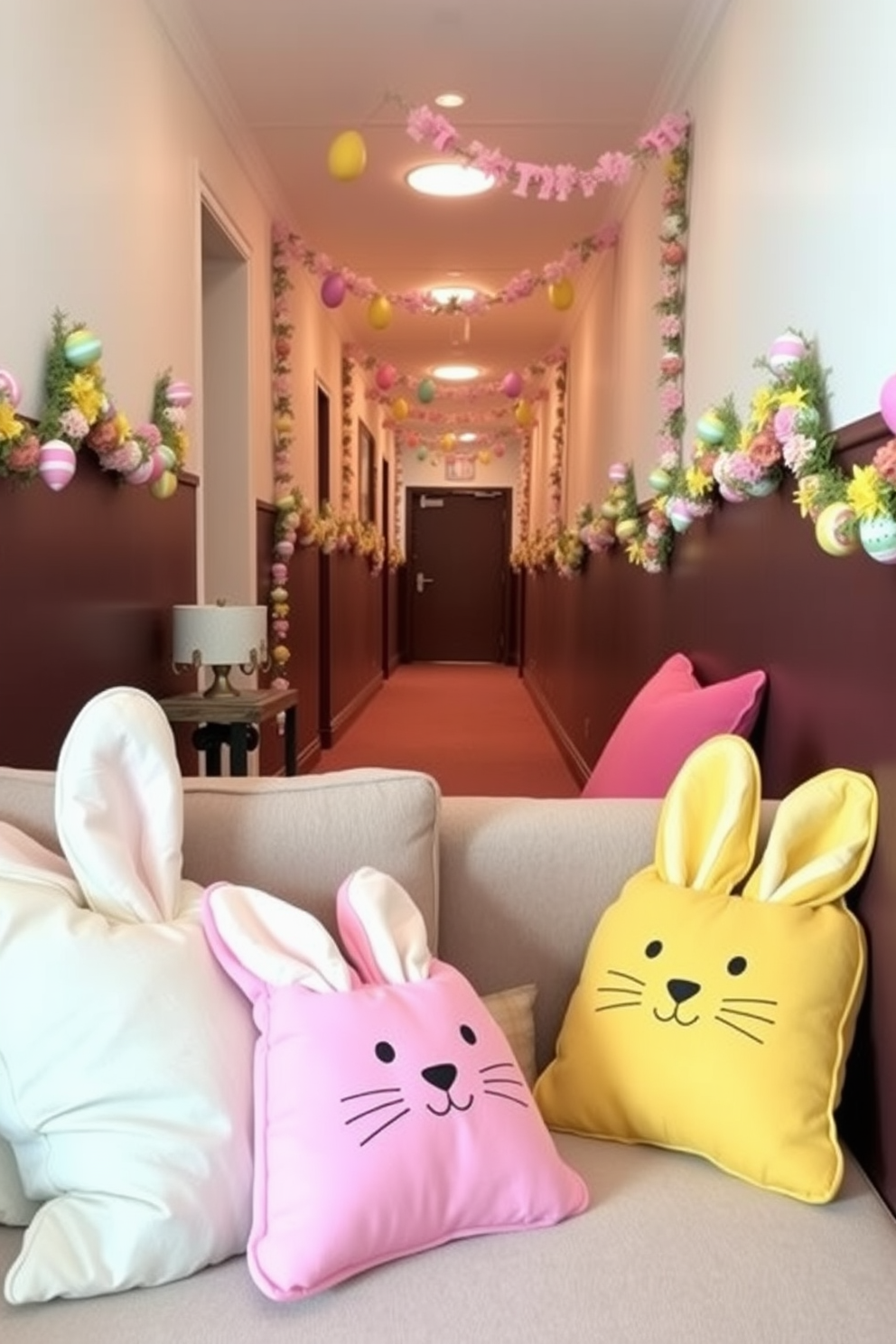 Bunny shaped cushions are placed on the seating areas, adding a playful touch to the space. The cushions are made of soft pastel fabrics, featuring cute bunny faces and floppy ears. In the hallway, colorful Easter decorations create a festive atmosphere. Delicate garlands of eggs and spring flowers hang along the walls, leading guests through the cheerful setting.