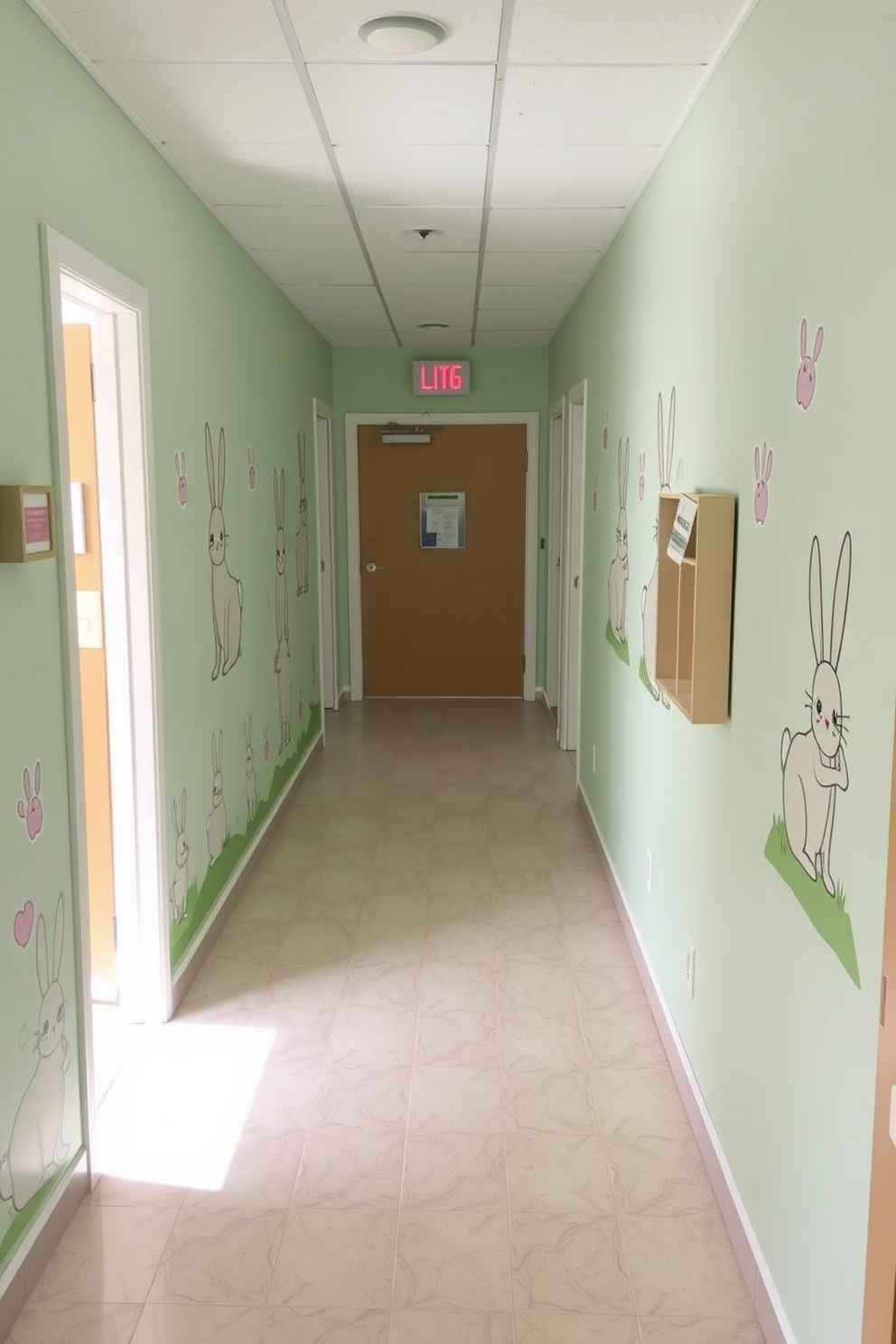 A cheerful hallway adorned with bunny-themed wall art creates a festive atmosphere. The art features playful illustrations of bunnies in various poses, surrounded by pastel-colored accents that enhance the springtime vibe.