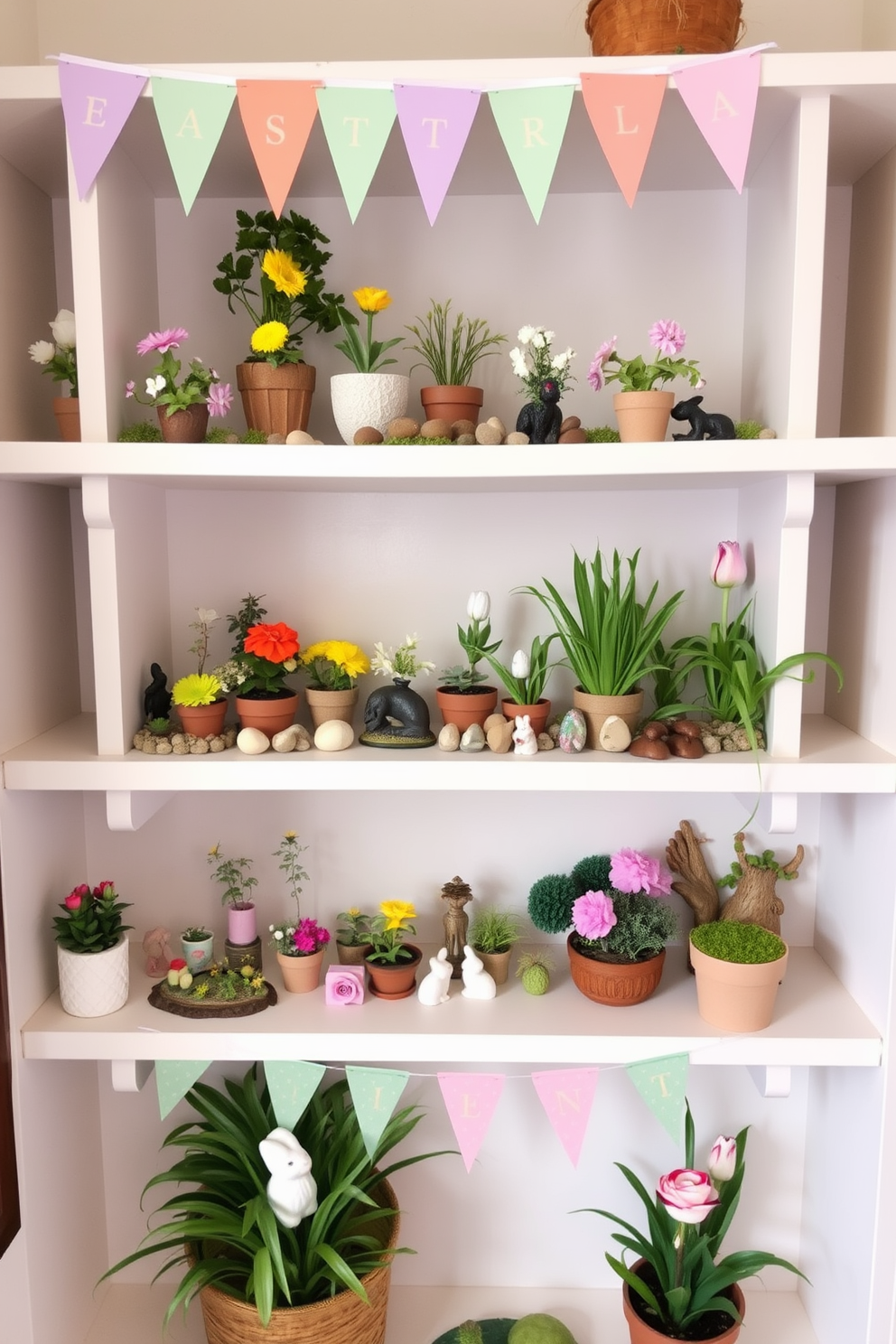 Miniature garden scenes on shelves. Each shelf showcases a variety of small potted plants, vibrant flowers, and decorative stones, creating a whimsical and inviting atmosphere. Hallway Easter Decorating Ideas. The hallway is adorned with pastel-colored banners, cheerful floral arrangements, and subtle bunny motifs, bringing a festive touch to the space.