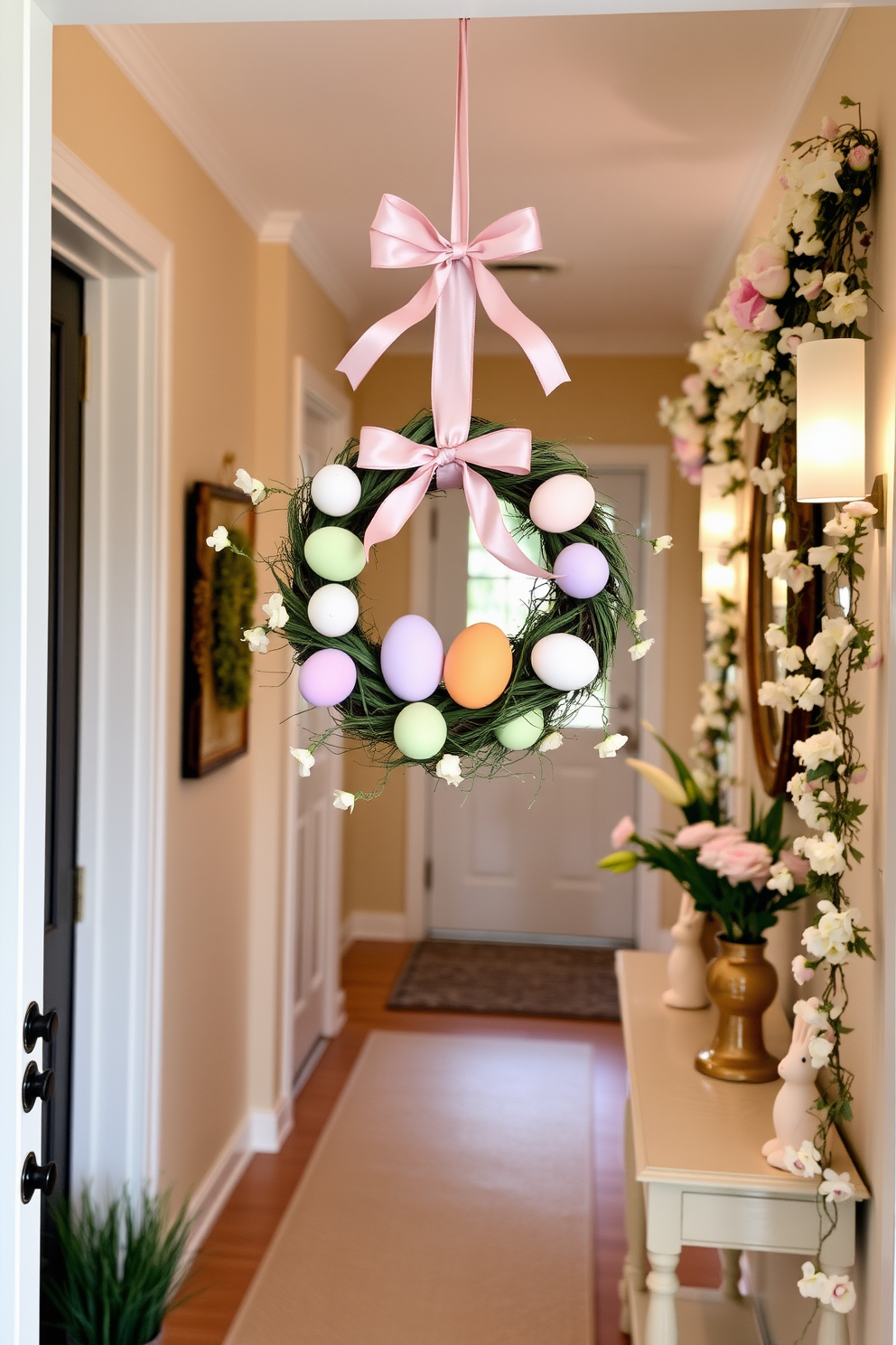 A beautifully crafted Easter egg wreath hangs on the front door, adorned with pastel-colored eggs and delicate ribbons. The wreath adds a festive touch to the entrance, welcoming guests with a cheerful spring vibe. The hallway features subtle Easter decorations, including garlands of faux flowers and small decorative bunnies placed on a console table. Soft lighting highlights the cheerful decor, creating a warm and inviting atmosphere.