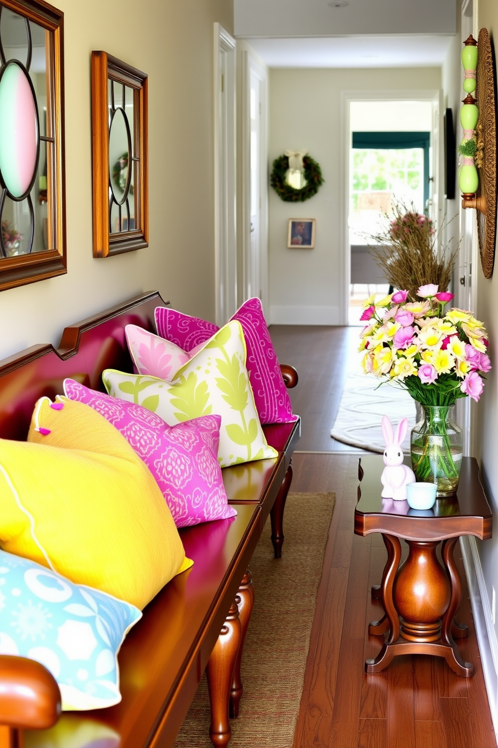 Brightly colored throw pillows are arranged on elegant wooden benches, adding a pop of color to the space. The pillows feature vibrant patterns and textures that invite comfort and style. The hallway is adorned with cheerful Easter decorations, including pastel-colored eggs and whimsical bunnies. Fresh flowers in decorative vases enhance the festive atmosphere, creating a welcoming entryway.